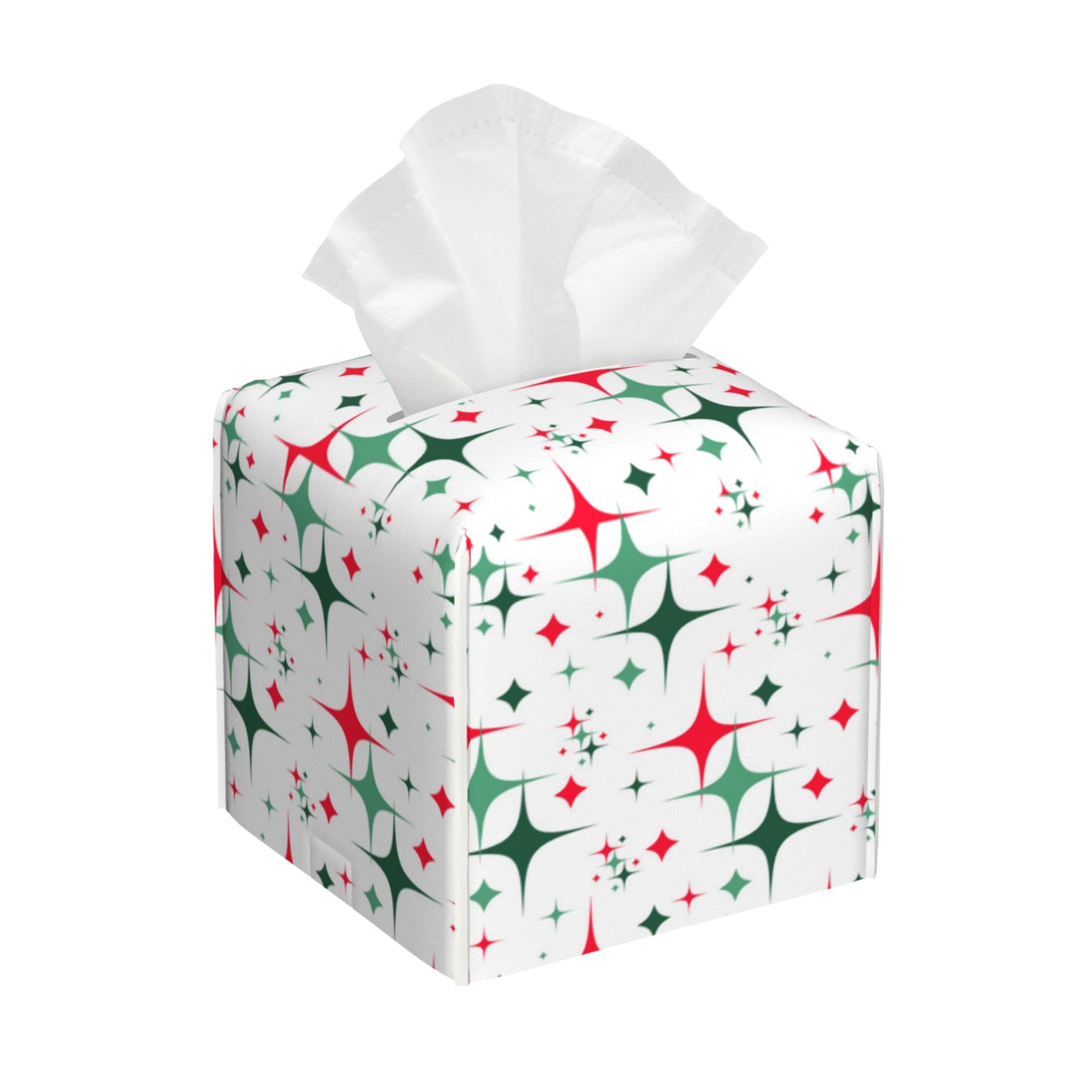 Square Tissue Box Cover Retro Christmas Stars Tissue Box Holder Facial Cube Paper Dispenser Leather Decorative Organizer Home Office Desk Decor 5.2"x5.2"x5.2"