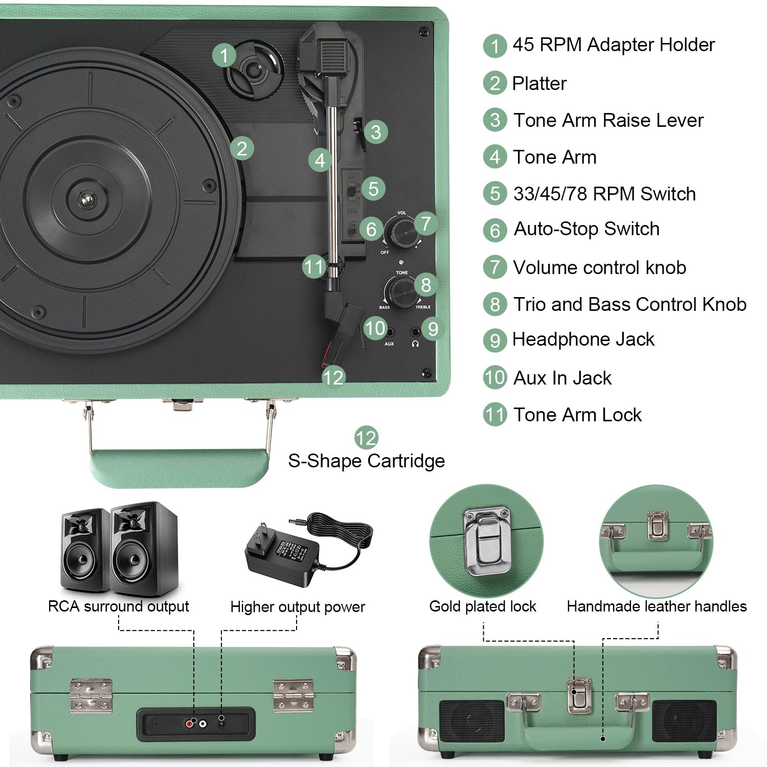Vinyls Link Plattenspieler mit integrierten Dual-Lautsprechern und Basssteuerung, 3-Gang-Bluetooth, tragbarer Koffer-Plattenspieler, Vintage-LP-Player, unterstützt