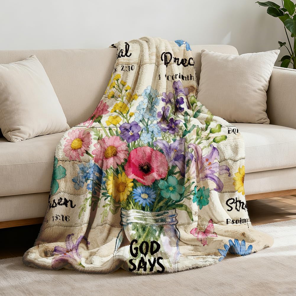 GLOBLELAND Bible Text Throw 59x51 inch Christian Soft Flannel Blanket Mason Jar Flowers Washable Fuzzy Throw Blanket for Couch Chair Sofa Bed Dorm Bedroom Home