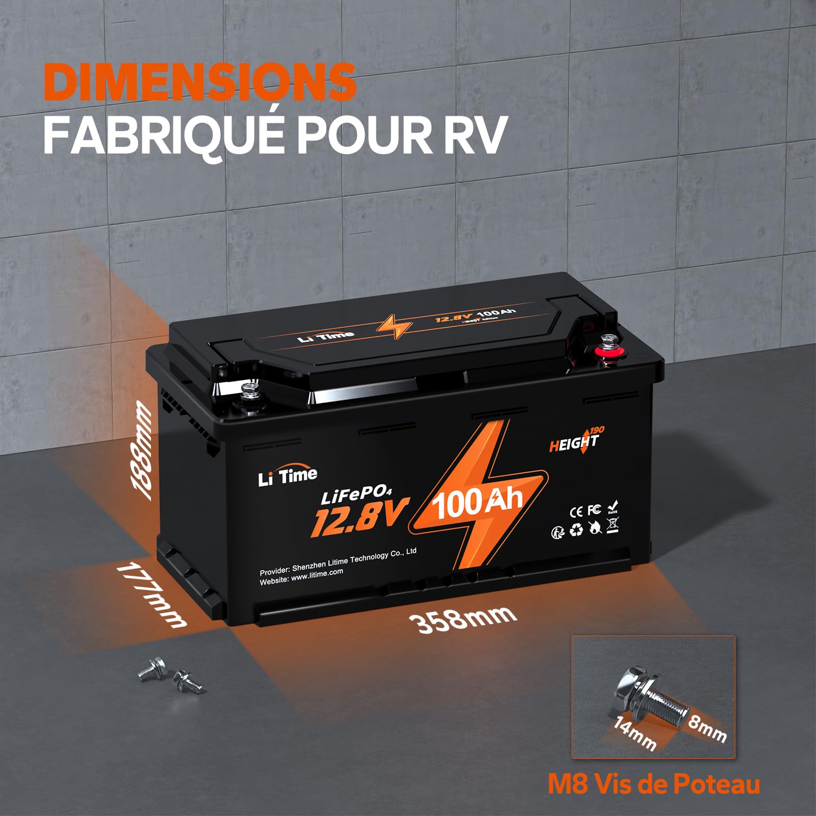 LiTime Batterie Lithium LiFePO4 12V 100Ah H190 avec Bluetooth pour Sièges de Camping-Car Européens: DIN H8 L5, 4000-15000 Cycles Profonds, Énergie 1280Wh, Parfait pour Caravane RVs, Fourgons