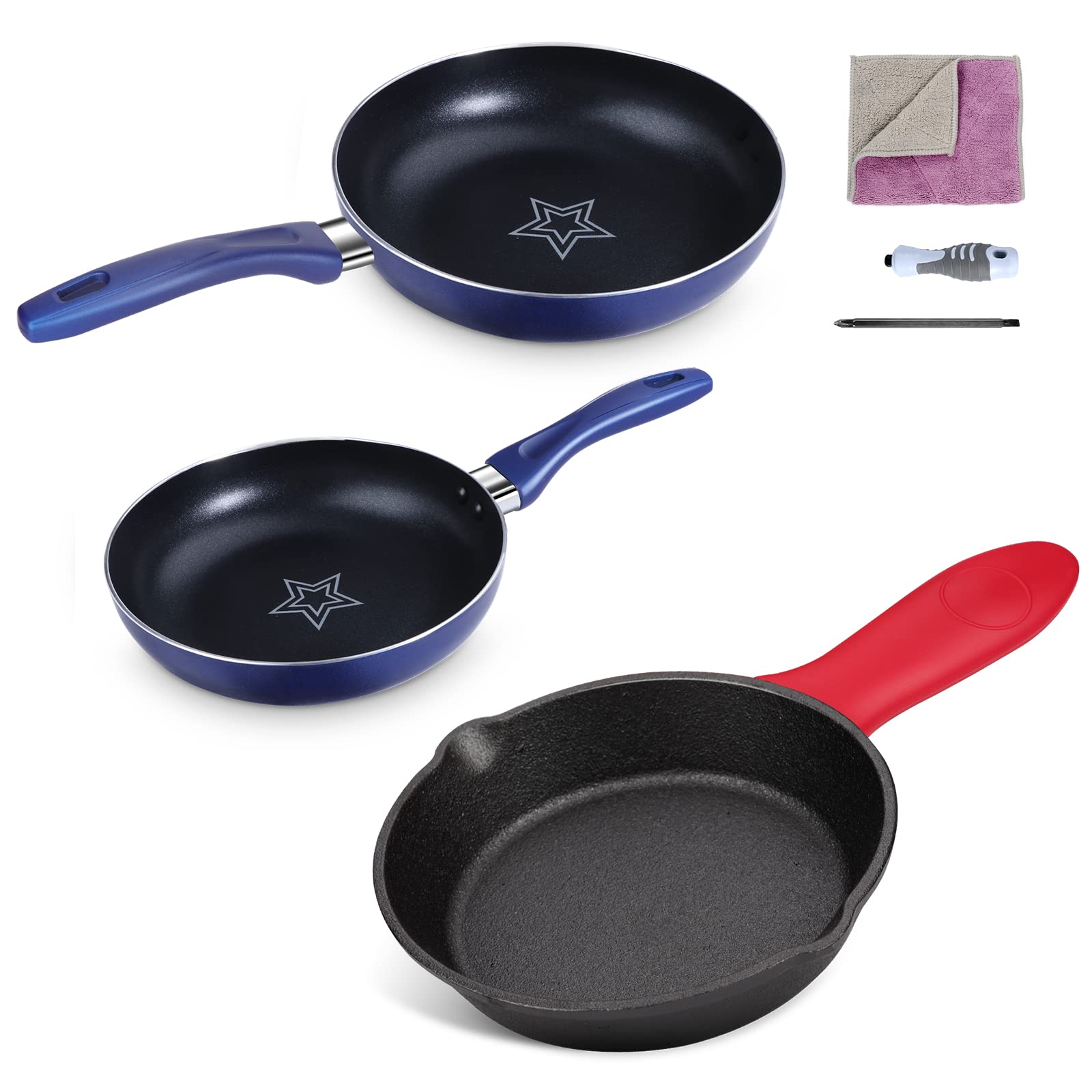 Nolopau Nonstick Frying Pan, Aluminum Non Stick Fry Pans and Cast Iron Skillet, 6 Inch Nonstick Frying Pan, Pre-Seasoned Cast-Iron Frying Pan