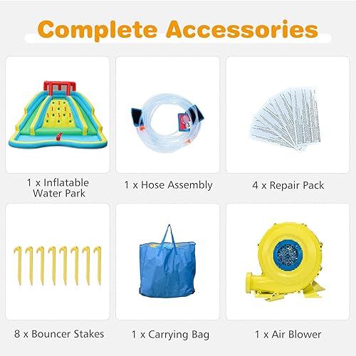 Miniatura 6 de OLAKIDS Tobogán acuático inflable, casa de rebote 5 en 1 con 2 toboganes, pared de escalada, piscina grande, pistola de agua, castillo de salto al