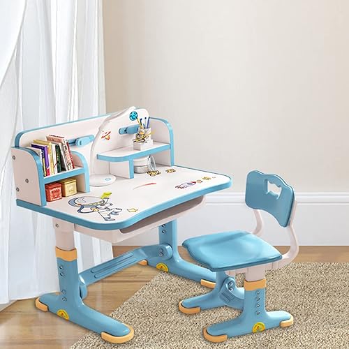 Miniatura 9 de Juego de escritorio y silla para niños, escritorio de estudio para niños en altura ajustable, diseño dorado para prevenir la miopía, escritorio de