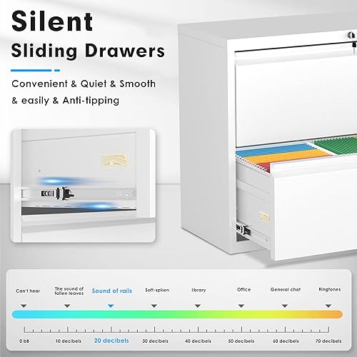 Miniatura 5 de Pataku Archivador lateral, archivador de 2 cajones con cerradura, archivadores blancos para oficina en casa, archivador de metal para colgar
