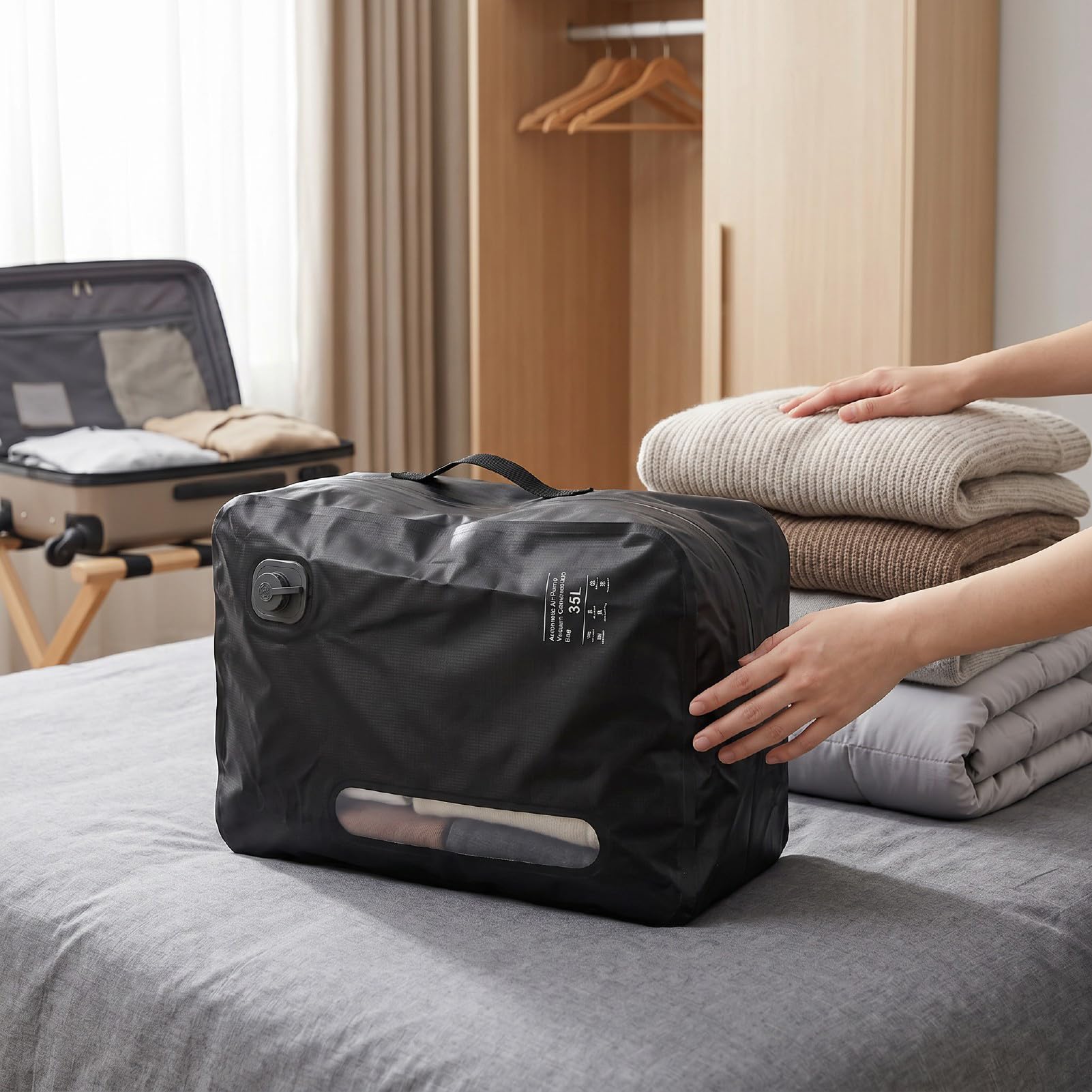 Duokon Bolsas de Vacío para Viajes, Cubos de Embalaje de Compresión Reutilizables de 35L, Bolsas Selladas para Maleta de Mano y Mochila de Viaje (BLACK)