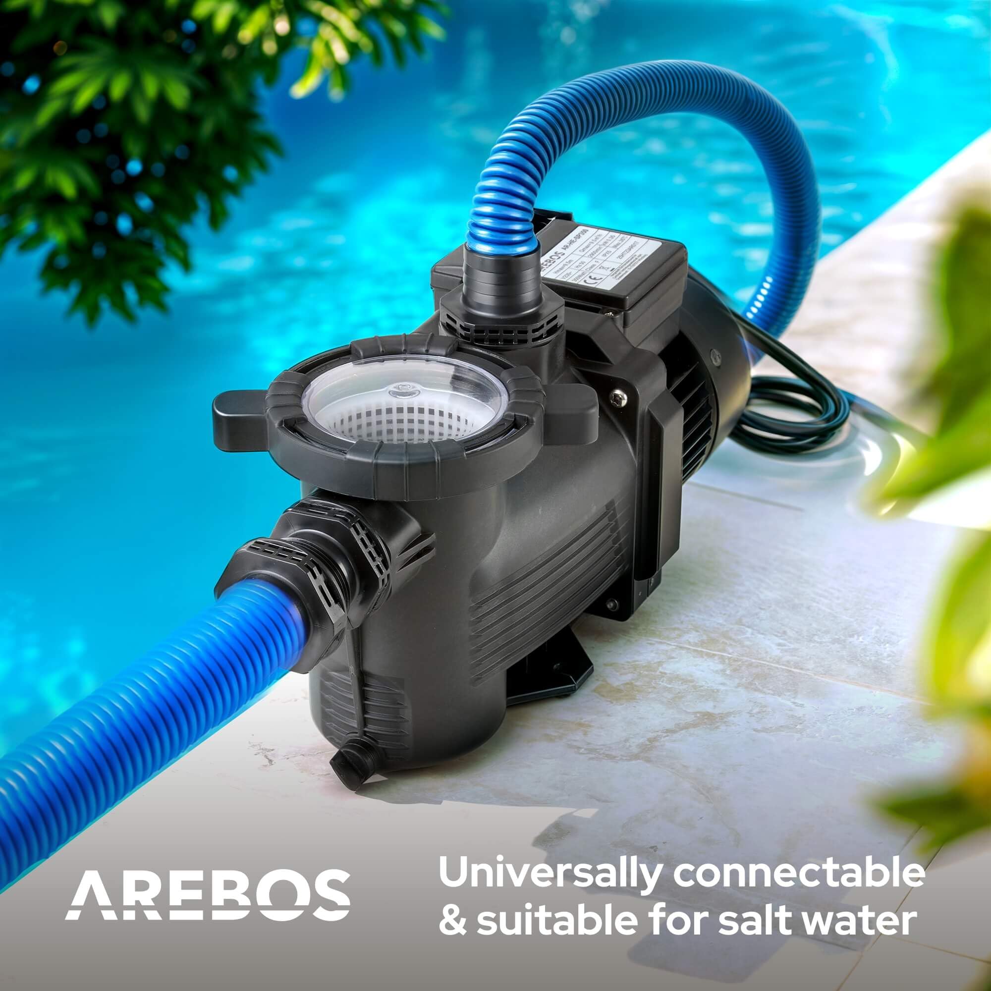 Arebos Bomba de piscina 350W | bomba de filtración con prefiltro y 9500 l/h | bomba de piscina para sistema de filtración de arena y sistema de filtración | potente y energéticamente eficiente