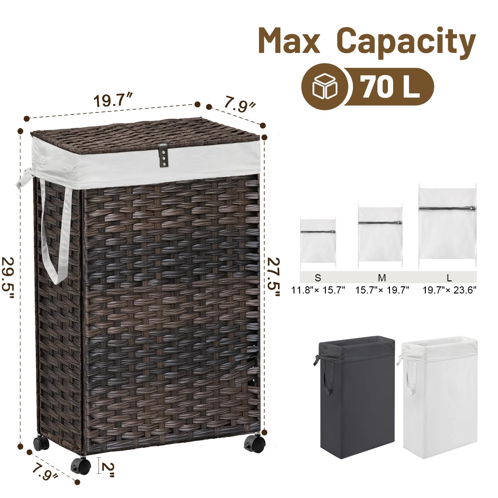 70L Slim Laundry Hamper with Lid & Wheels, 2-teiliger Rollwäschekorb mit 4 herausnehmbaren Auskleidungsbeuteln & 3 Netztaschen, schmaler schmutziger Wäschekorb, faltbarer handgewebter