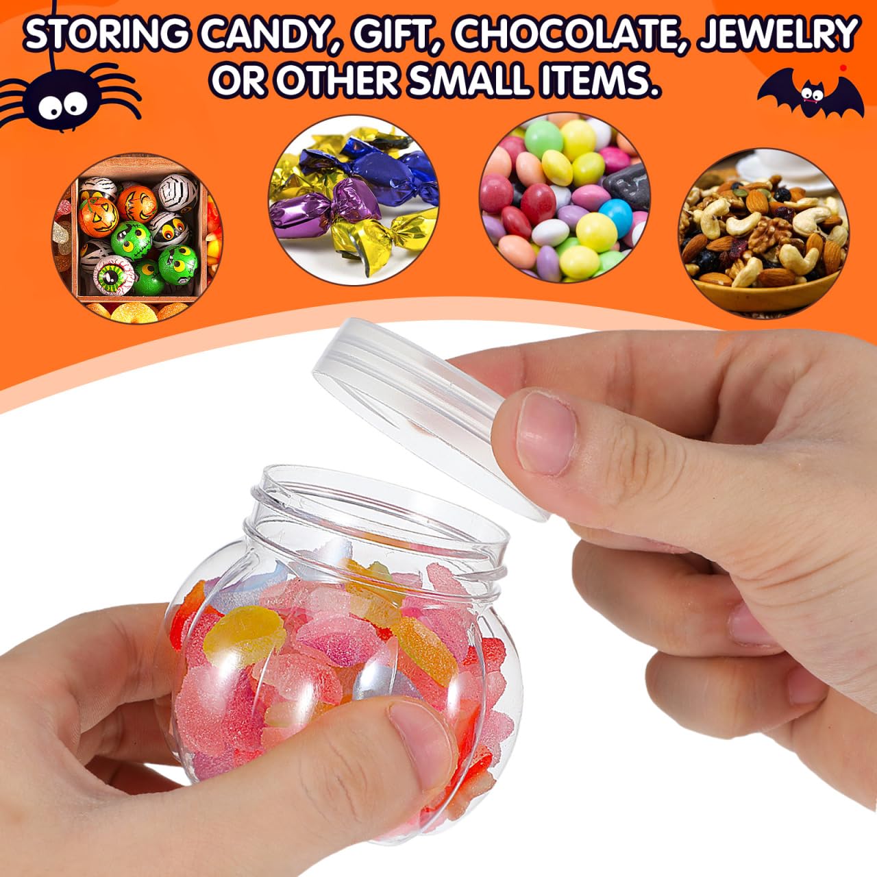 DOITOOL Lot de 12 pots à bonbons en plastique transparent en forme de citrouille d'Halloween - 150 ml - Joli pot de rangement pour biscuits d'Halloween - Décoration de fête d'Halloween