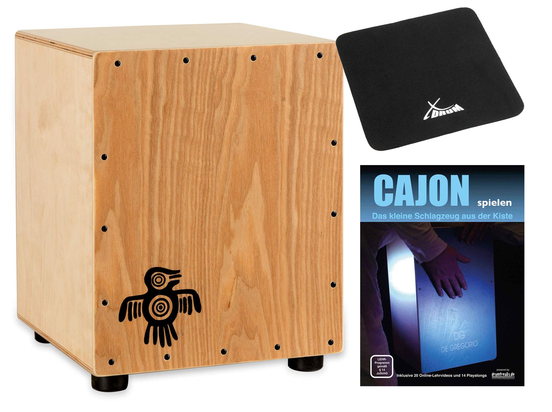 XDrum Junior Cajon Peruana Ash Set - 7 cm hoch, daher perfekt für Kinder geeignet - inkl. Tasche mit Umhängegurt - mit Sitzkissen und Schule