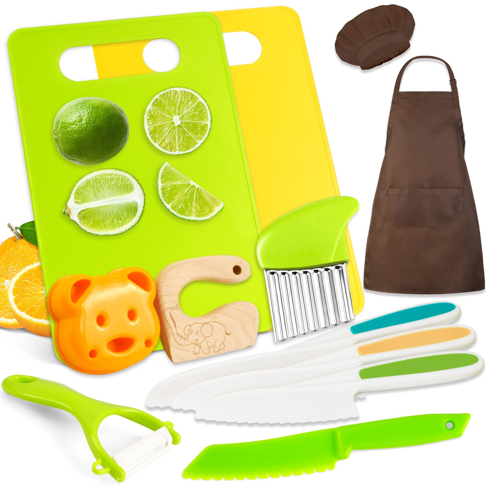 12PCS Kids Knife Set for Real Cooking with Kids Apron, Kids Cooking Sets Real, Toddler Kitchen Tools with Kids Cutting Board and Knife Set, Toddler Cooking Set for Girl Boy