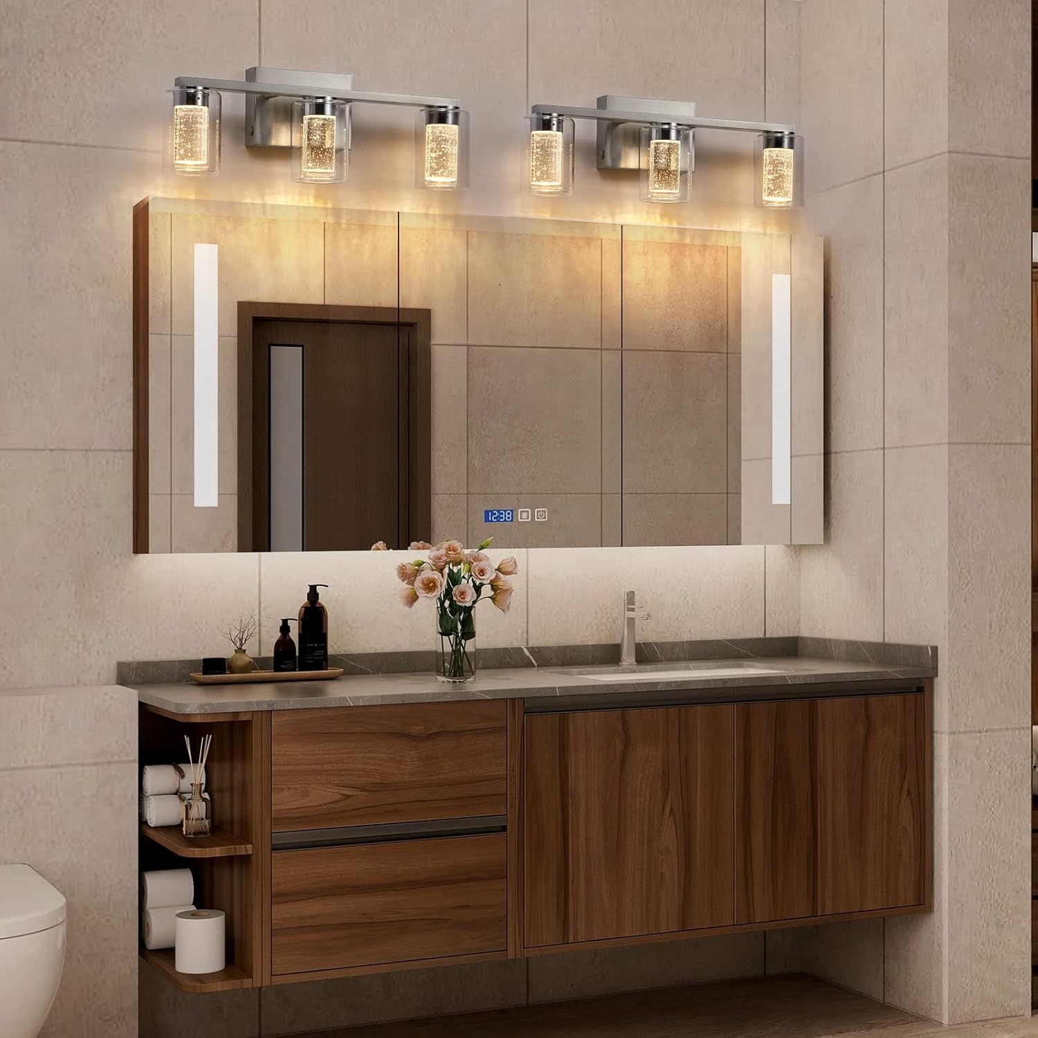 Bathroom Light Fixtures, 3 Light Brushed Nickel Bathroom Vanity Light over Mirror, 3 Color LED lights with Crystal Bubble and Clear Glass, White/Neutral/Warm Light Dimmable Wall Sconce Lighting