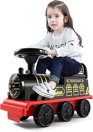 JOYLDIAS Tren de paseo de 6 V sin pistas tren de juguete eléctrico para niños con luces cuernos almacenamiento pedales retráctiles color negro