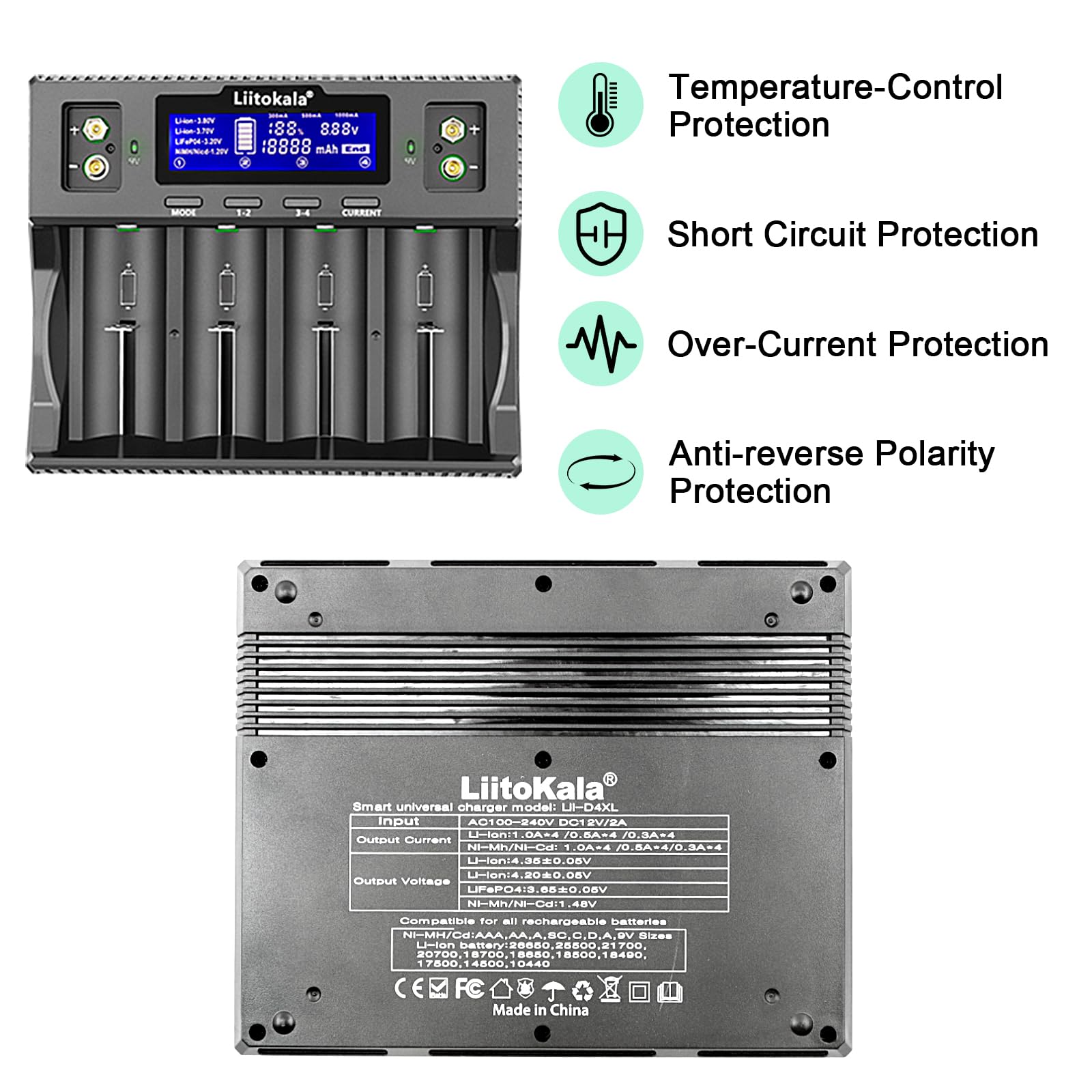 LiitoKala Lii-D4XL Cargador de Batería con Pantalla LCD, para 14500 18650 26650 32700 AA AAA Li-Lion (4.2V), Ni-MH/Ni-CD (1.48 0V), LiFePO4 (3.65V), Potencia de Entrada DC 12V 2A, 4 Bahías