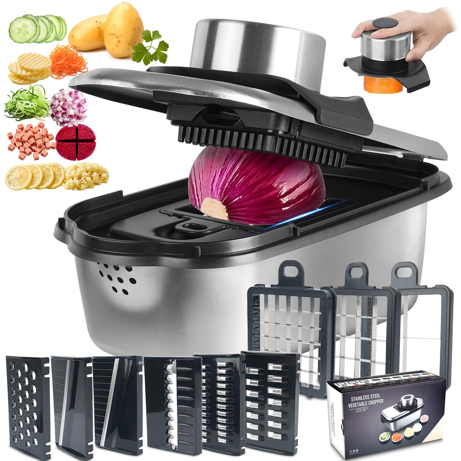 Ecopandy 2L Kitchen Mandoline Vegetable Slicer 304 Stainless Steel, Vegetable Chopper Vegetable Cutter - Salad Chopper Veggie Onion Salad Food Chopper Ktchen Gadgets & Cheese Grater, 9-in-1 Black