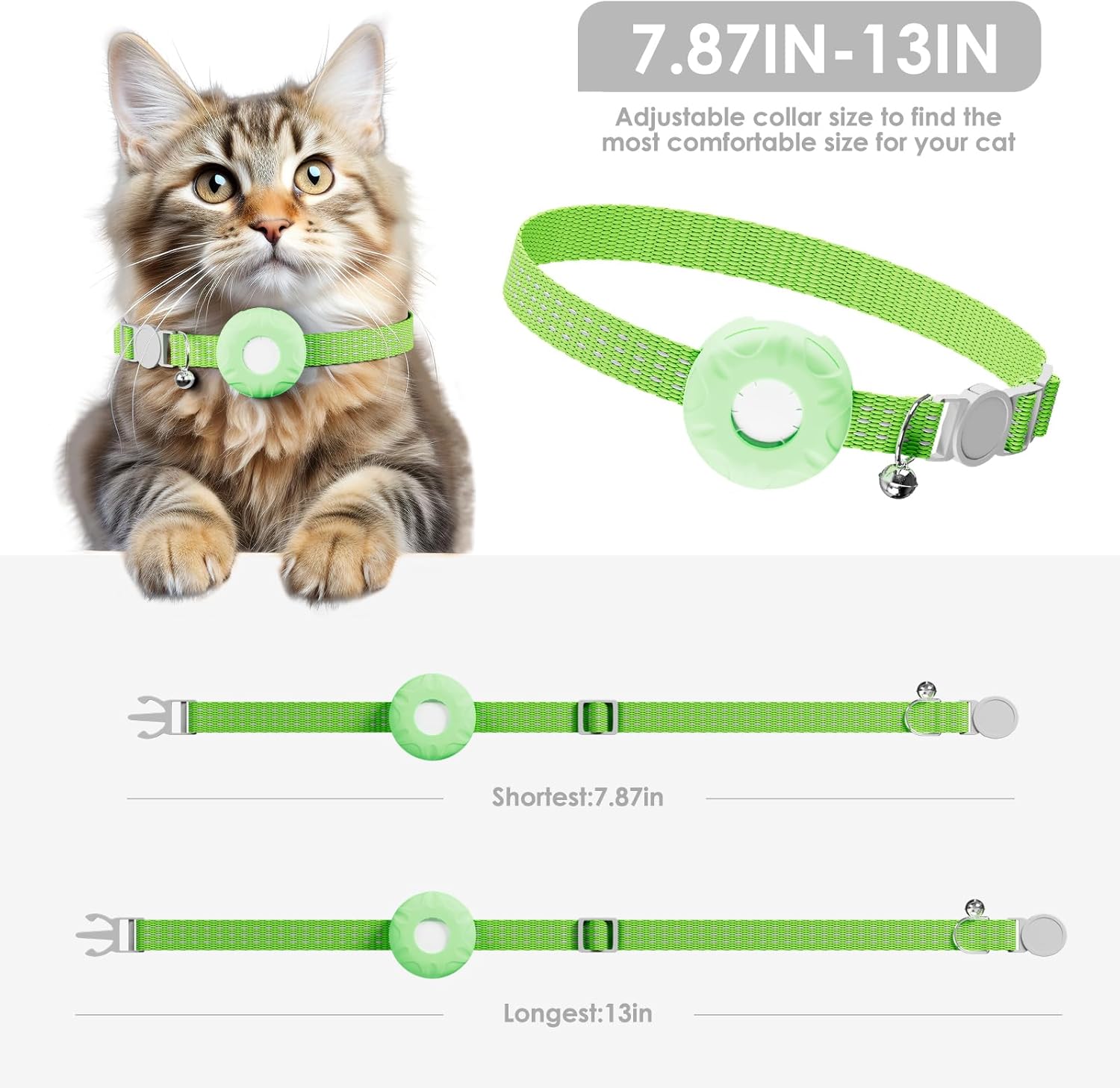 Cat Tracker, Lightweight GPS Tracker Compatible with Apple Find My App(Only iOS), Waterproof Cat Tracker Collar with Bell and Safety Elastic Buckle, No Monthly Fee,Works with Any Collar,Green