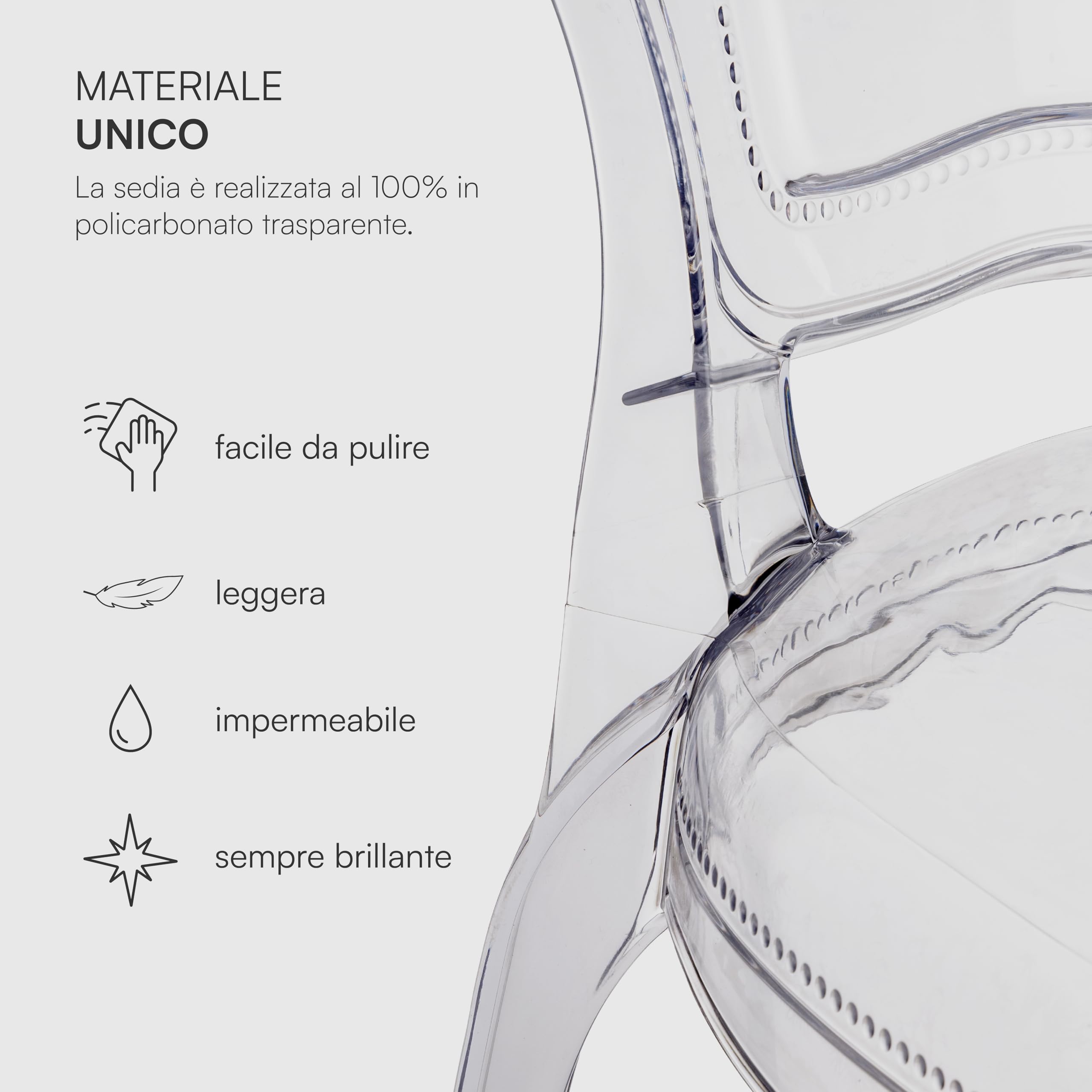 Baroni Home Set di 4 Sedie in Policarbonato Trasparente, Seduta Design Elegante Impilabile e Impermeabile da Soggiorno, Sala da Pranzo, Camera da Letto, 48X46X98, Smerli