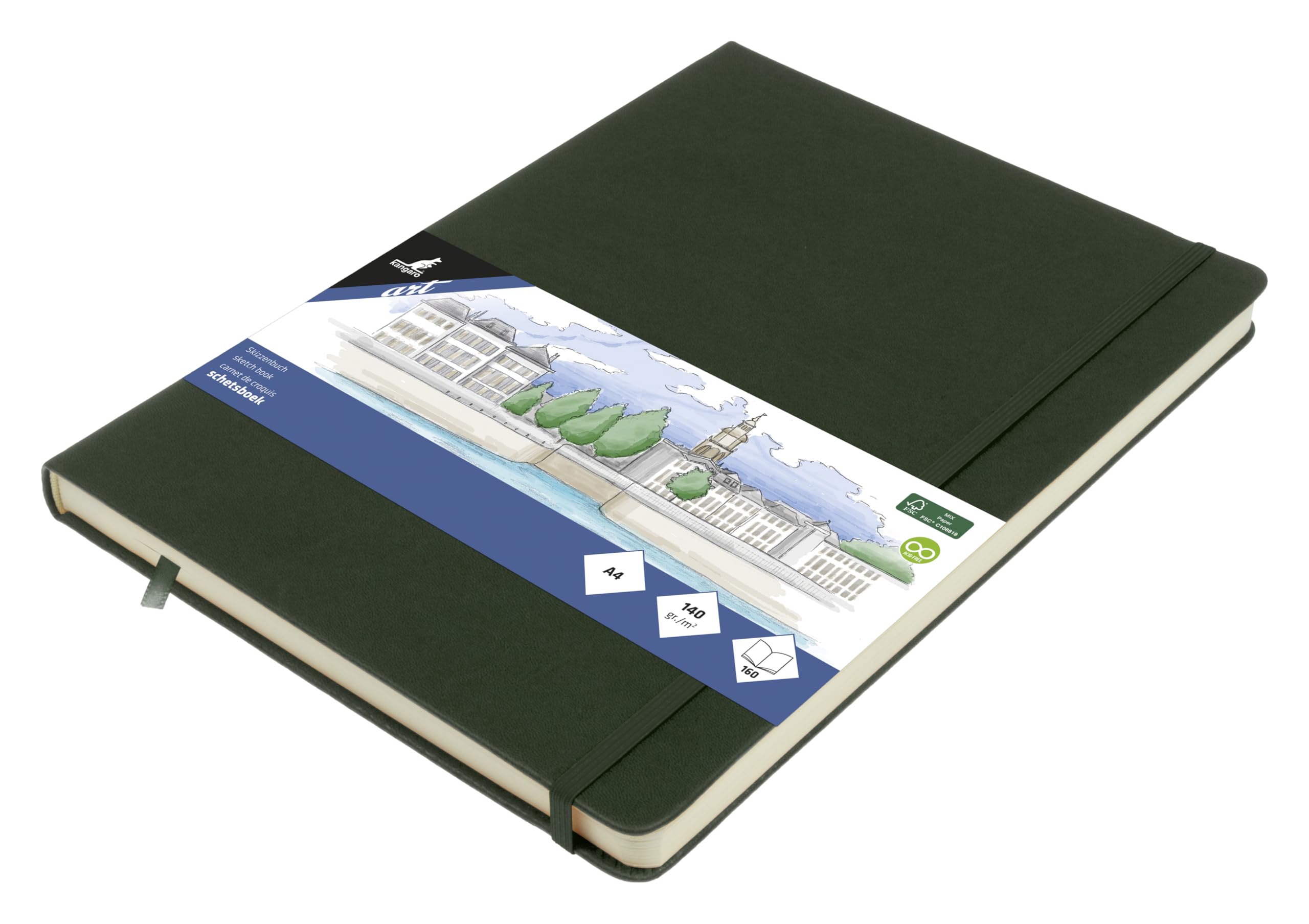 Sketchbook Kangaro A4 Forest Green PU Hard Cover 80 Sheets 140 g Cream Paper with Elastic Band and Ribbon