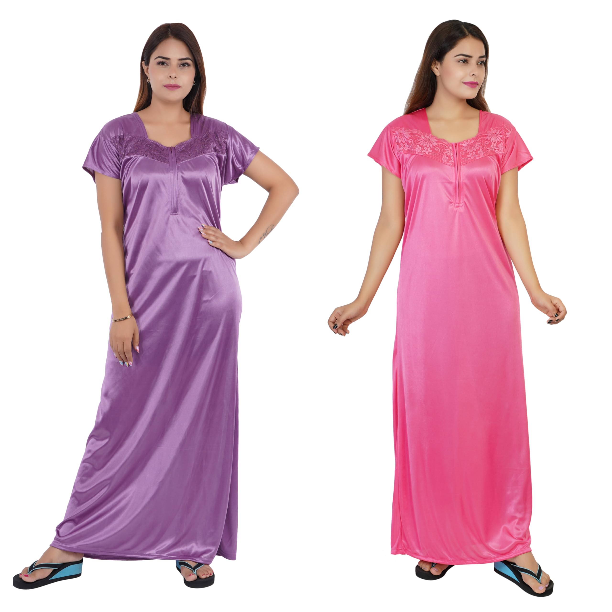 BHAVI Satin Nightgown for Women's, Long Maxi Length, Floral Lace Detail, Pink and Purple (Size : M) Combo Pack of 2-image-13