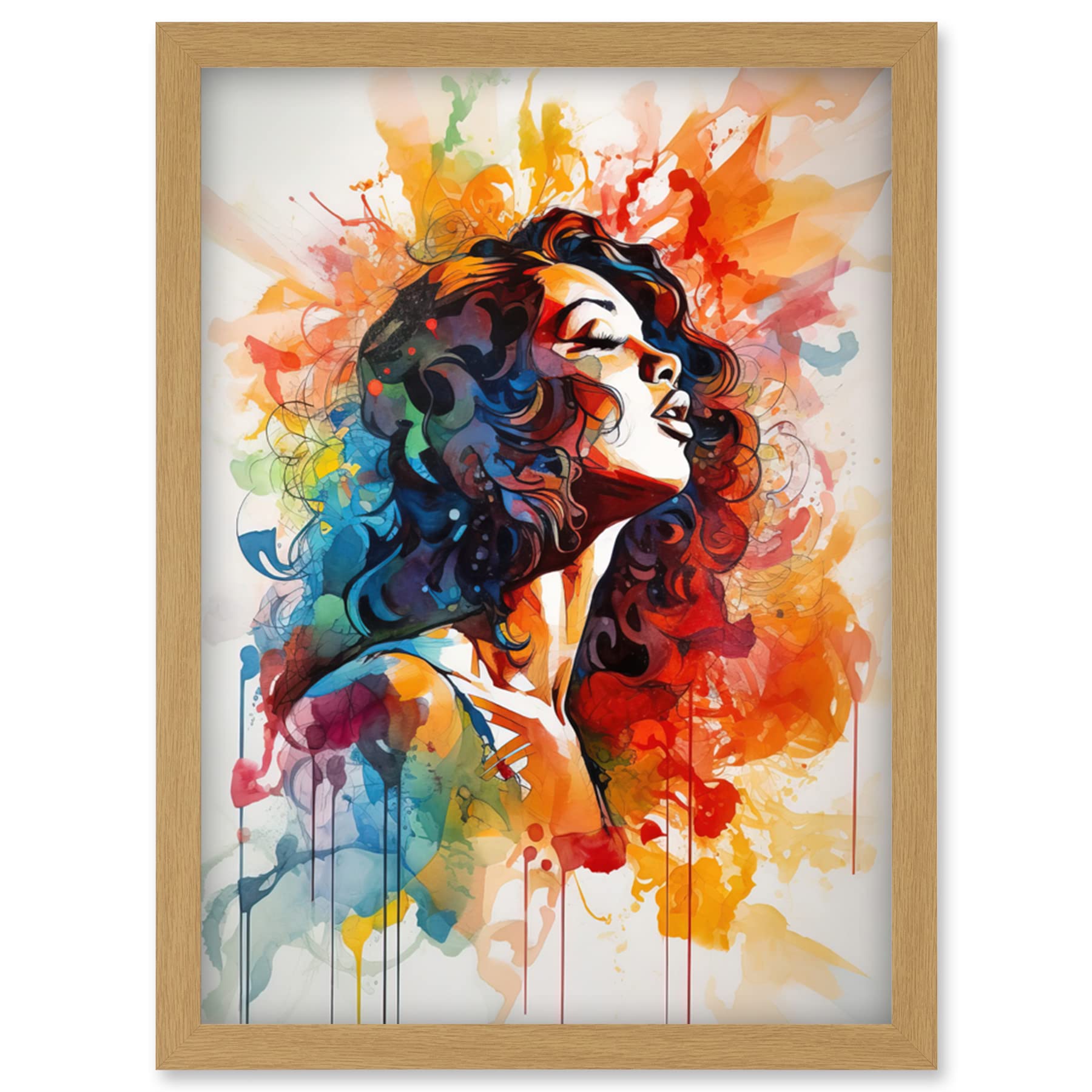Artery8 Watercolour Painting A4 Framed Print - Synesthesia Listening to Rainbow Colour Music Artwork - Light Oak Frame