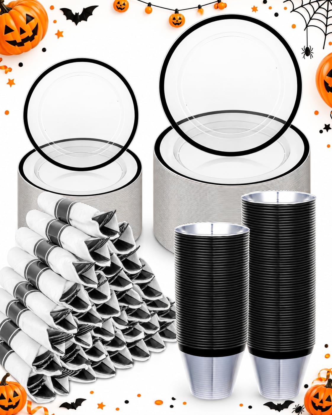 BESTVIP 350 Pcs Clear Black Plastic Dinnerware Set for 50 Guests