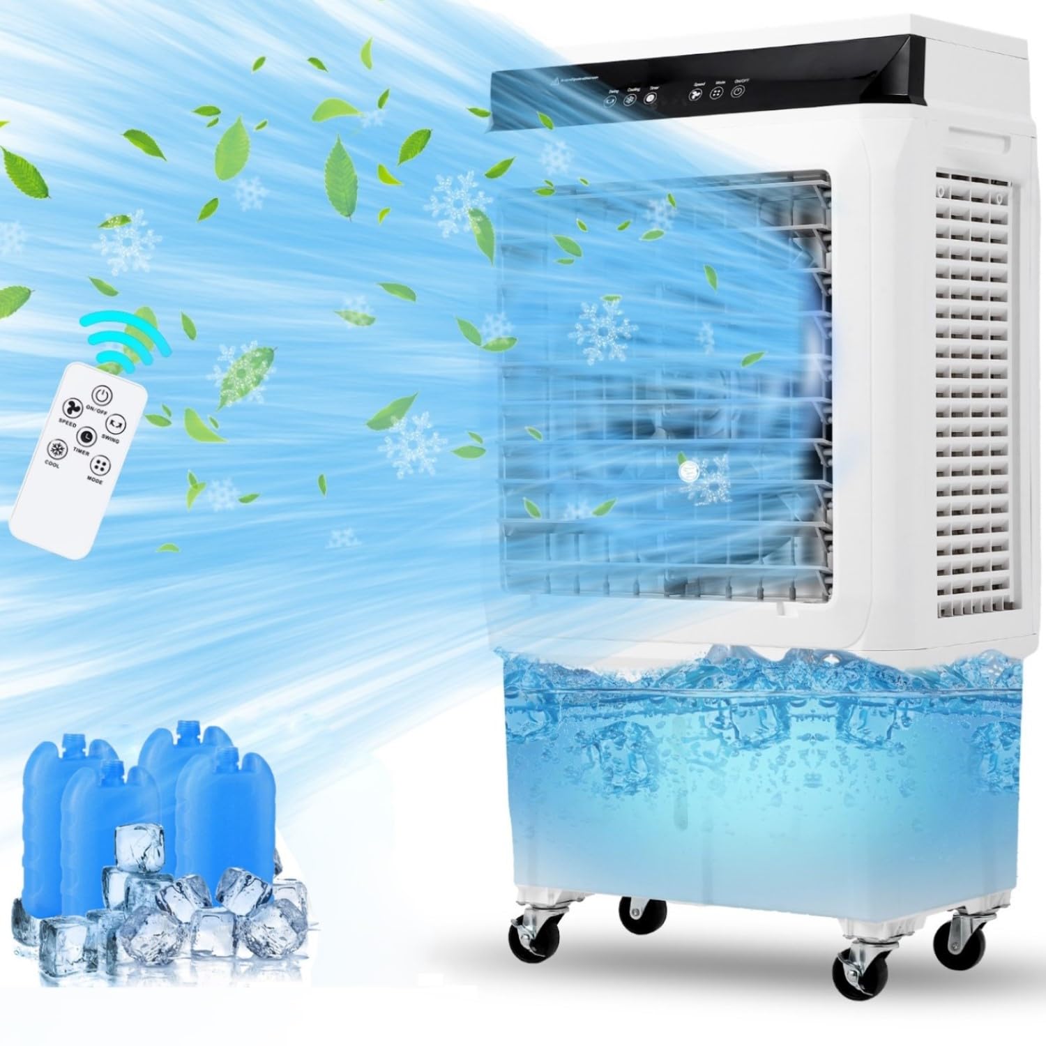 Enfriador de aire evaporativo, enfriador de pantano de 1800 CFM con control remoto y temporizador de 12 horas, 4 paquetes de hielo, 3 modos y velocidades de viento para uso en interiores y