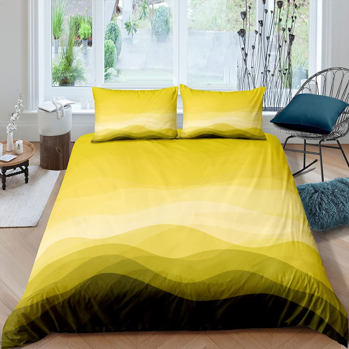 Housse de couette rayures ondulées jaune dégradé en coton pour lit deux places