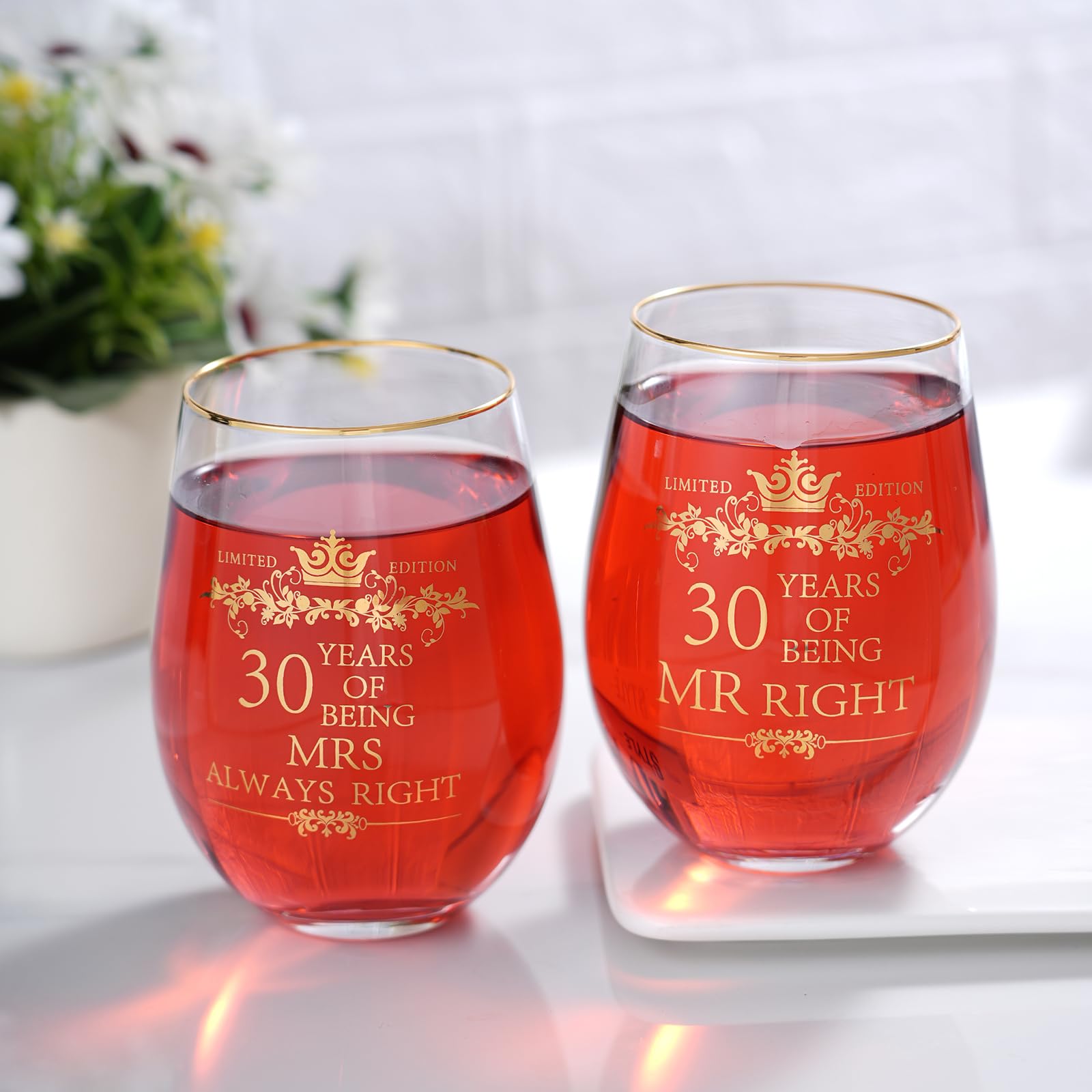 Amazon.com | COFOZA Set of 2 30th Wedding Anniversary 15 Ounces Wine Glasses  Tumblers Mr Right Mrs Always Right 30 Years Anniversary Cups Present for  Couples Parents Gifts: Wine Glasses