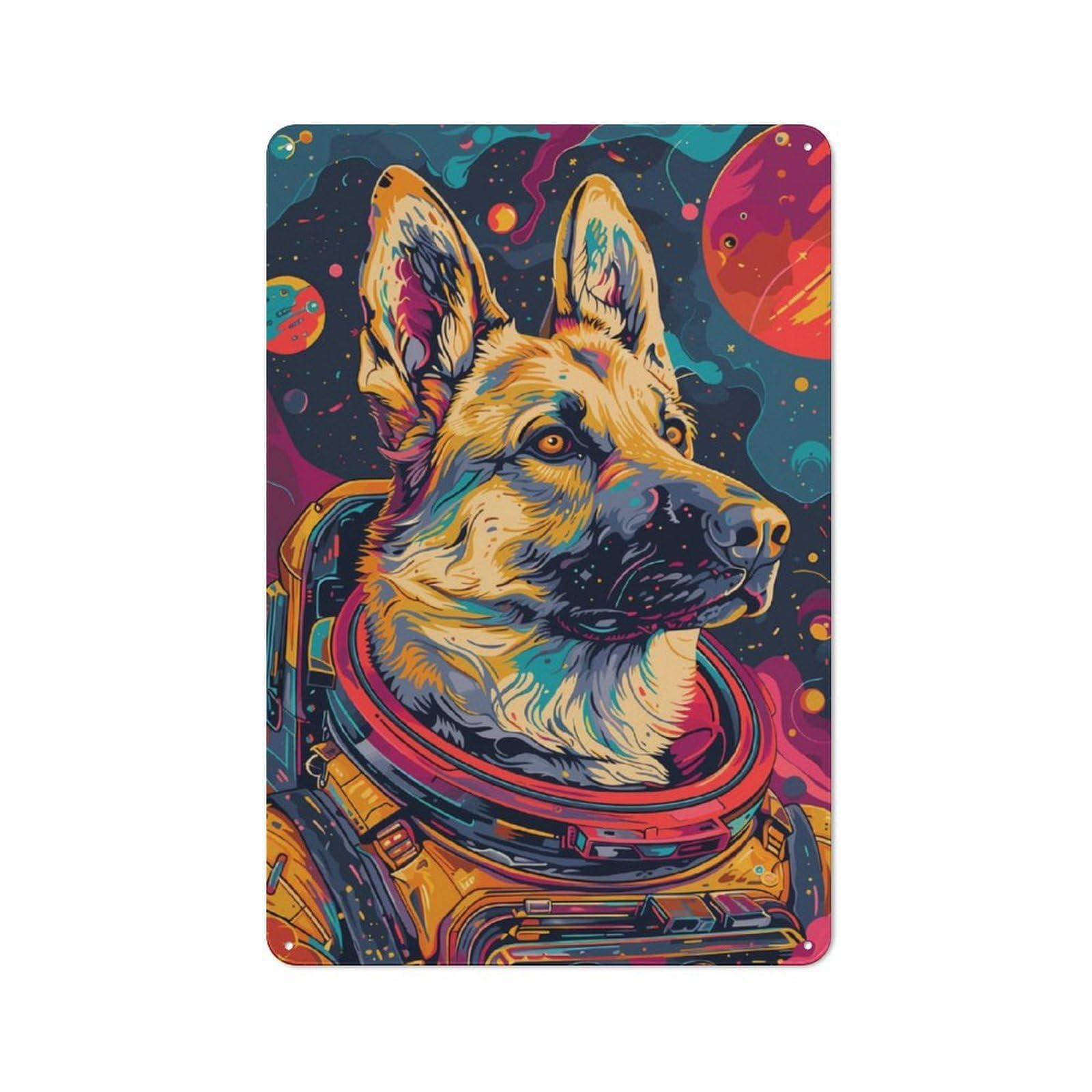 Junmoney German Shepherd Astronaut Rustic Tin Wall Plaque 30X20cm For Home Office Or Studio, For Garage, Workshop And Man Cave Decoration