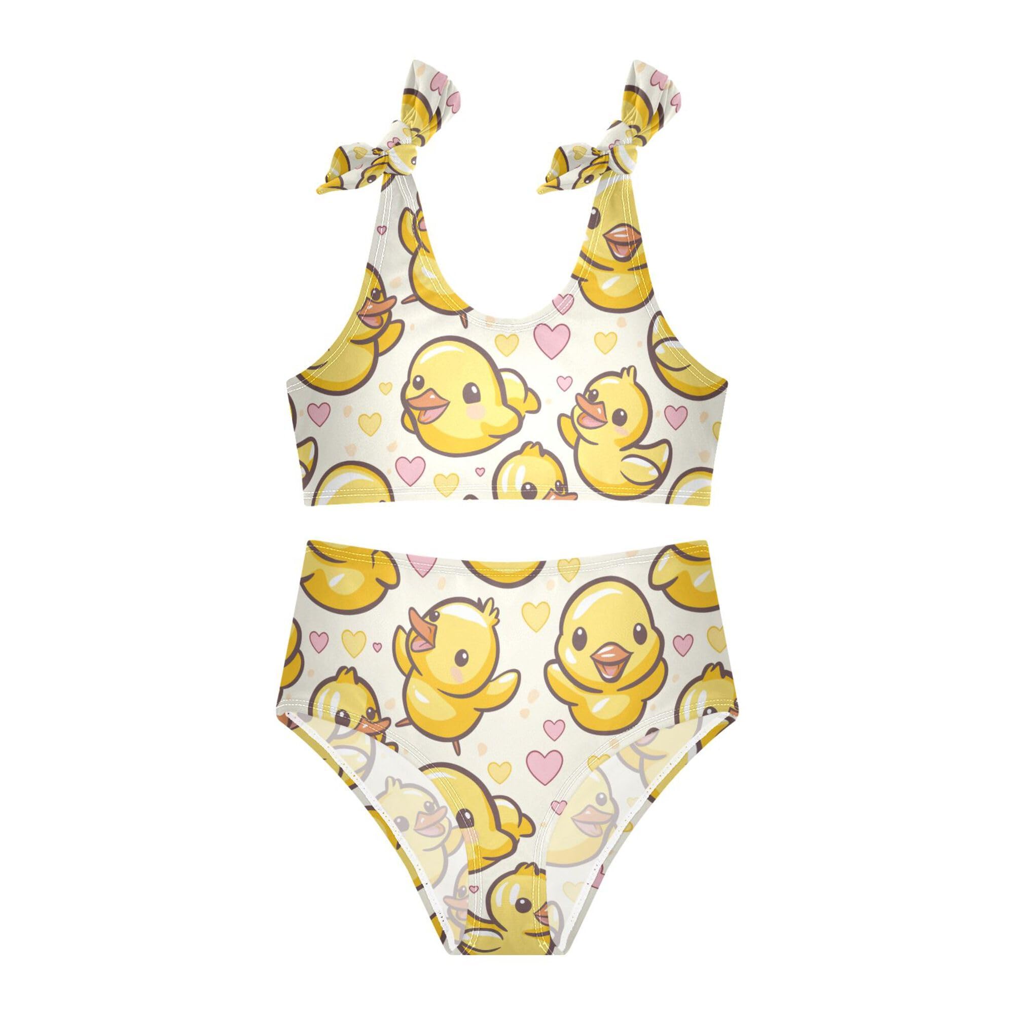 Cute Yellow Ducks Hearts Girls Swim Suit 2 Piece High Waisted Swimwear Youth Girls Tankini Swimsuit Beach Clothes 5-6Y