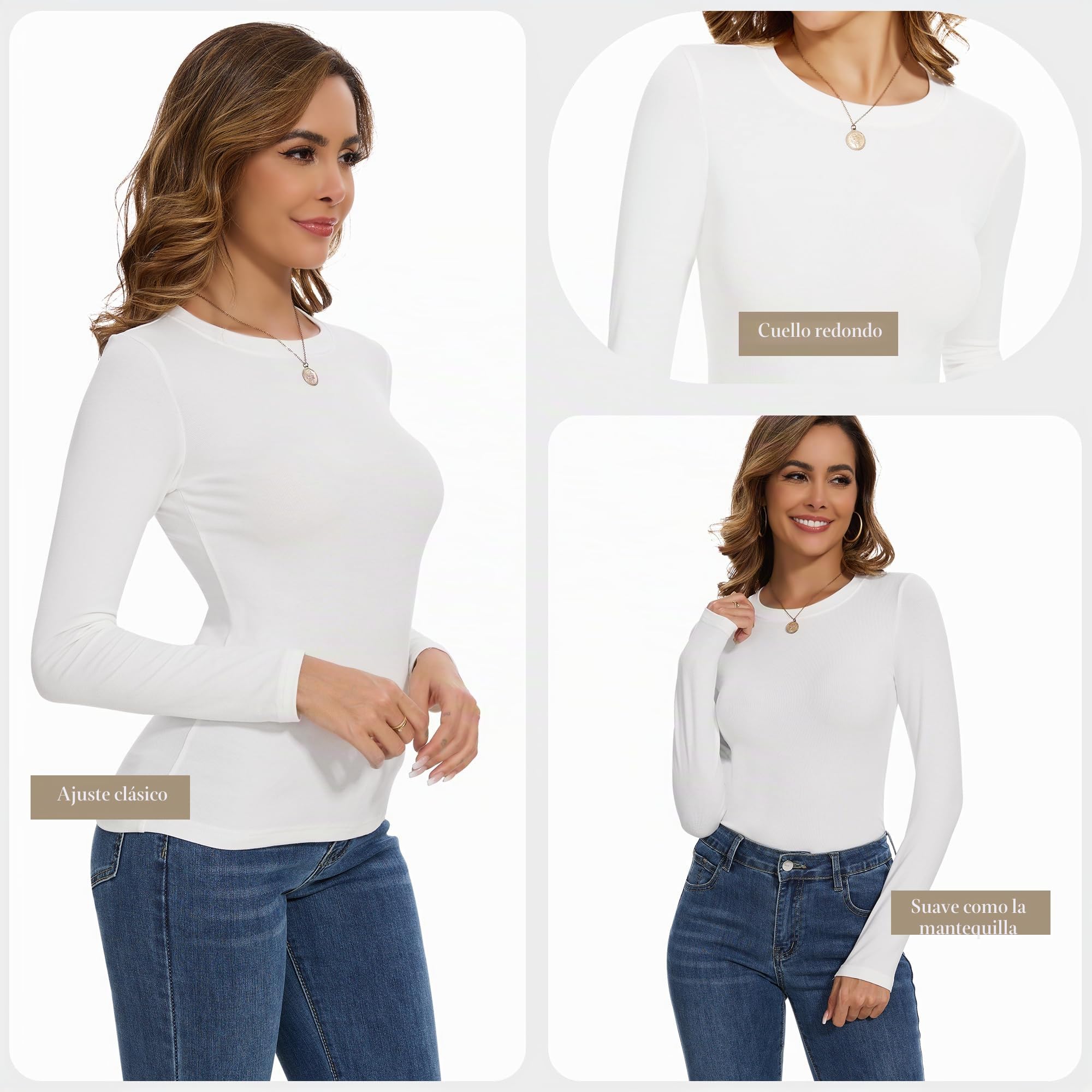Pack de 3/5 camisetas de manga larga para mujer, cuello redondo, básico, manga larga, corte ajustado, Y2K, top informal, elástico, manga larga