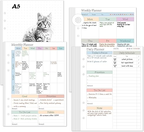 ADHD A5 Planner Refill Pages Planner Inserts Daily Weekly Monthly 120 Sheets/240 pages for 6 Ring Binder Undated Planners Refills Colorful To Do List Refill Paper 120 GSM Thick Loose Leaf Paper 6-Hole Punched for 3 Months Neurodivergent Journal Productivity Adults