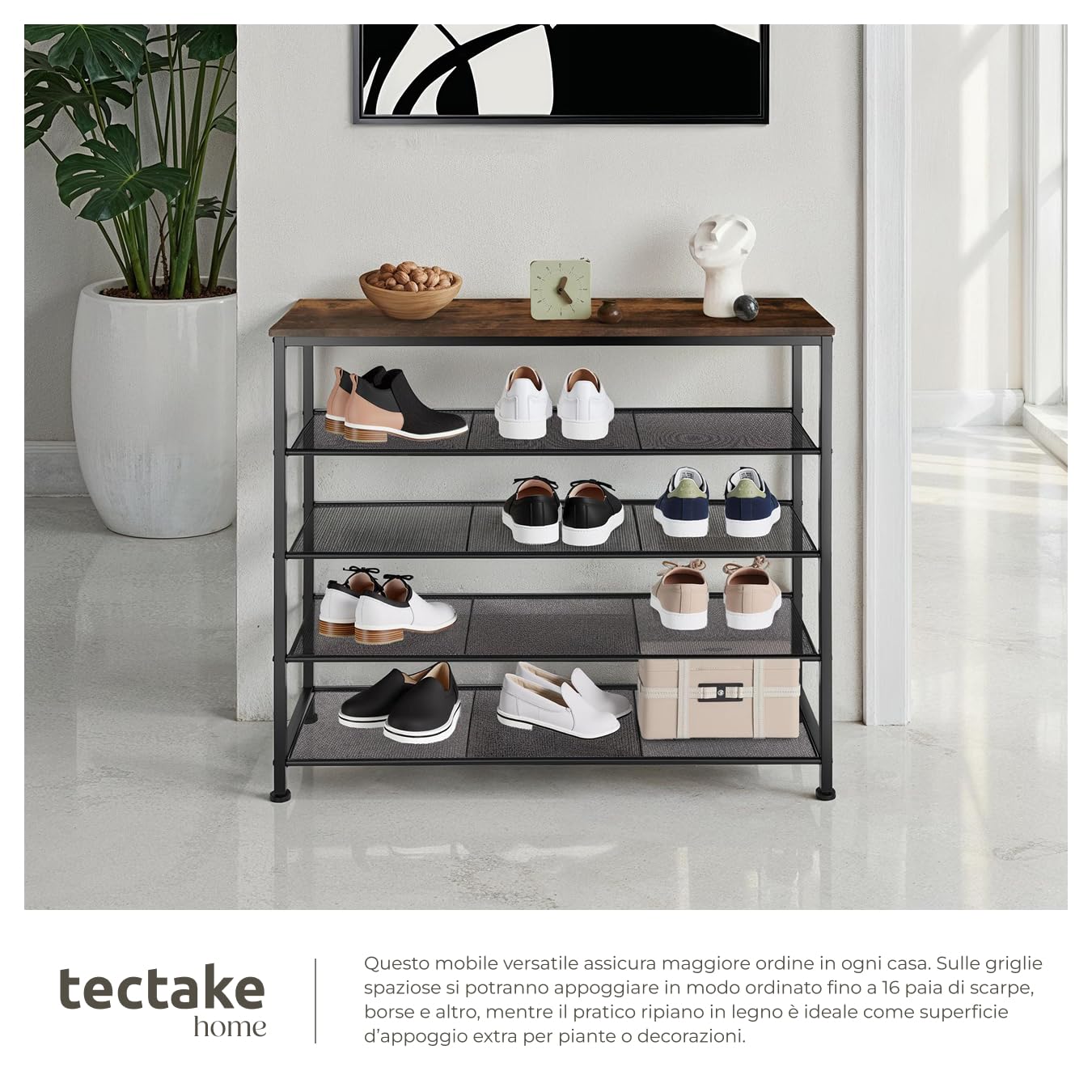 tectake® Scarpiera 100x30,5x93 cm, Scarpiera Salvaspazio slim, 4 Ripiani Rete, Scaffale Scarpe Uomo, Scarpe Donna, Stivali, Ideale Ingresso, Corridoio, Soggiorno, Stile Industriale - Legno Scuro