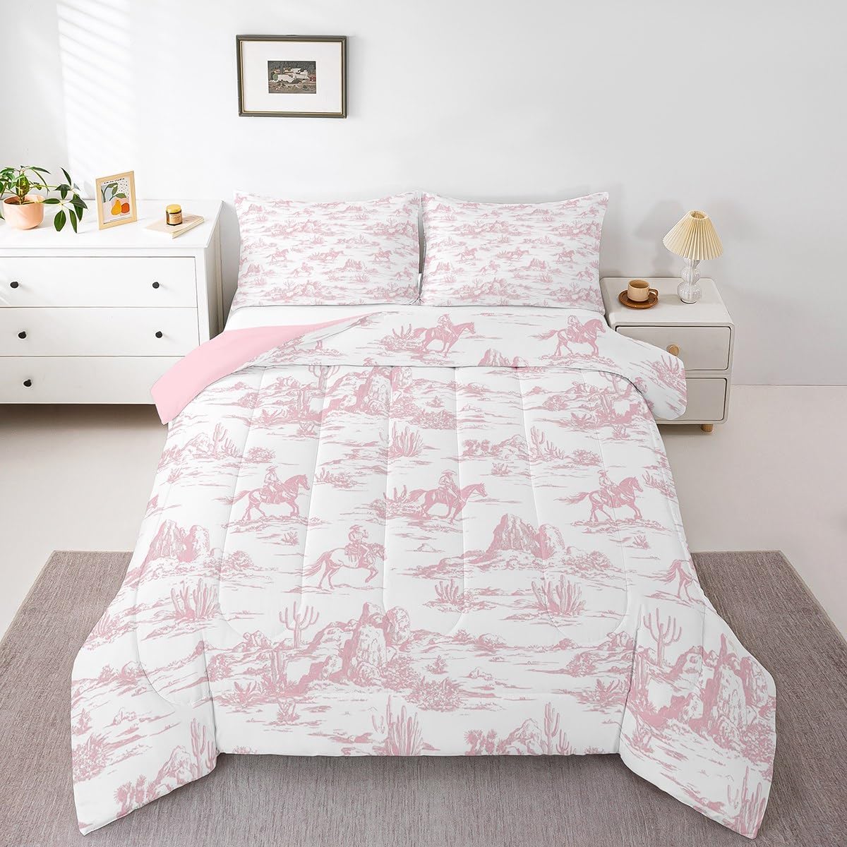 Pink Cowgirl Comforter,Vintage Western Cowgirl Bedding Set for Kids Girls Boys,Teens Adults Horse Desert Comforter,Farm Life Quilted Duvet Set Bedroom Collection Twin Size 2Pcs