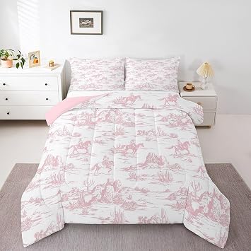 Homewish Pink Cowgirl Comforter,Vintage Western Cowgirl Bedding Set for Kids Girls Boys,Teens Adults Horse Desert Comforter,Farm Life Quilted Duvet Set Bedroom Collection Twin Size 2Pcs