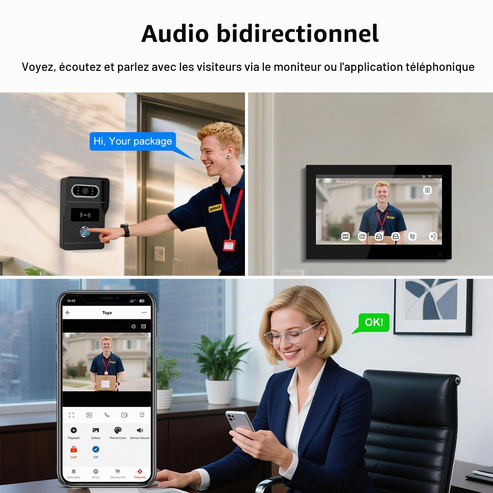 2 Fils Visiophone Connecté Filaire, Kit Interphone Vidéo WiFi Tuya avec Écran Tactile Couleur de 7", Sonnette avec Caméra 1080P Vision Nocturne IP65, Déverrouillage APP/Carte RFID
