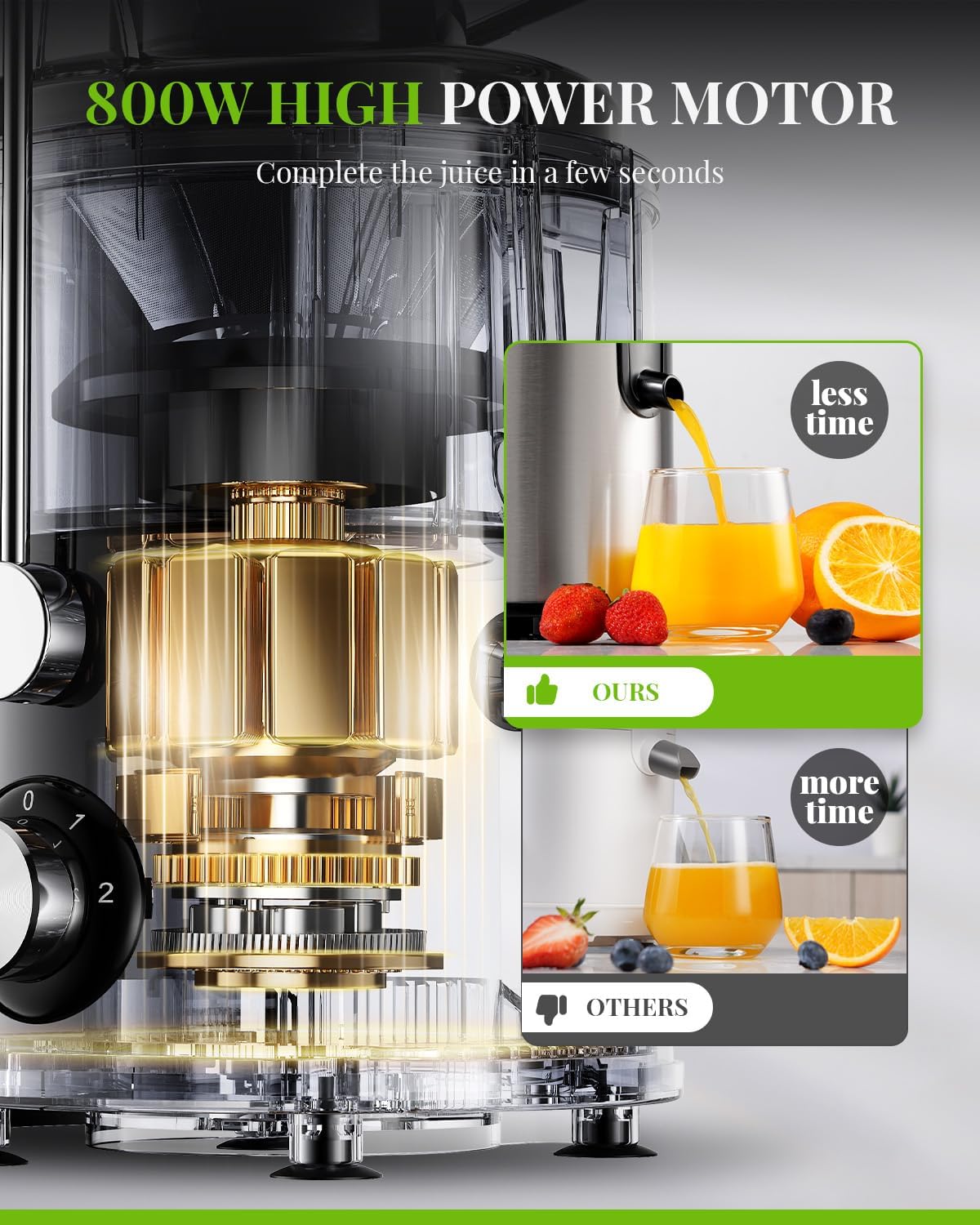 GDOR Entsafter 800W Juicer aus Edelstahl 76mm Großem Mund Entsafter Gemüse und Obst 3 Geschwindigkeitsstufen Juicer Machine Schnelles Entsaften Zentrifugaler Leicht zu Reinigen mit Bürste BPA-frei