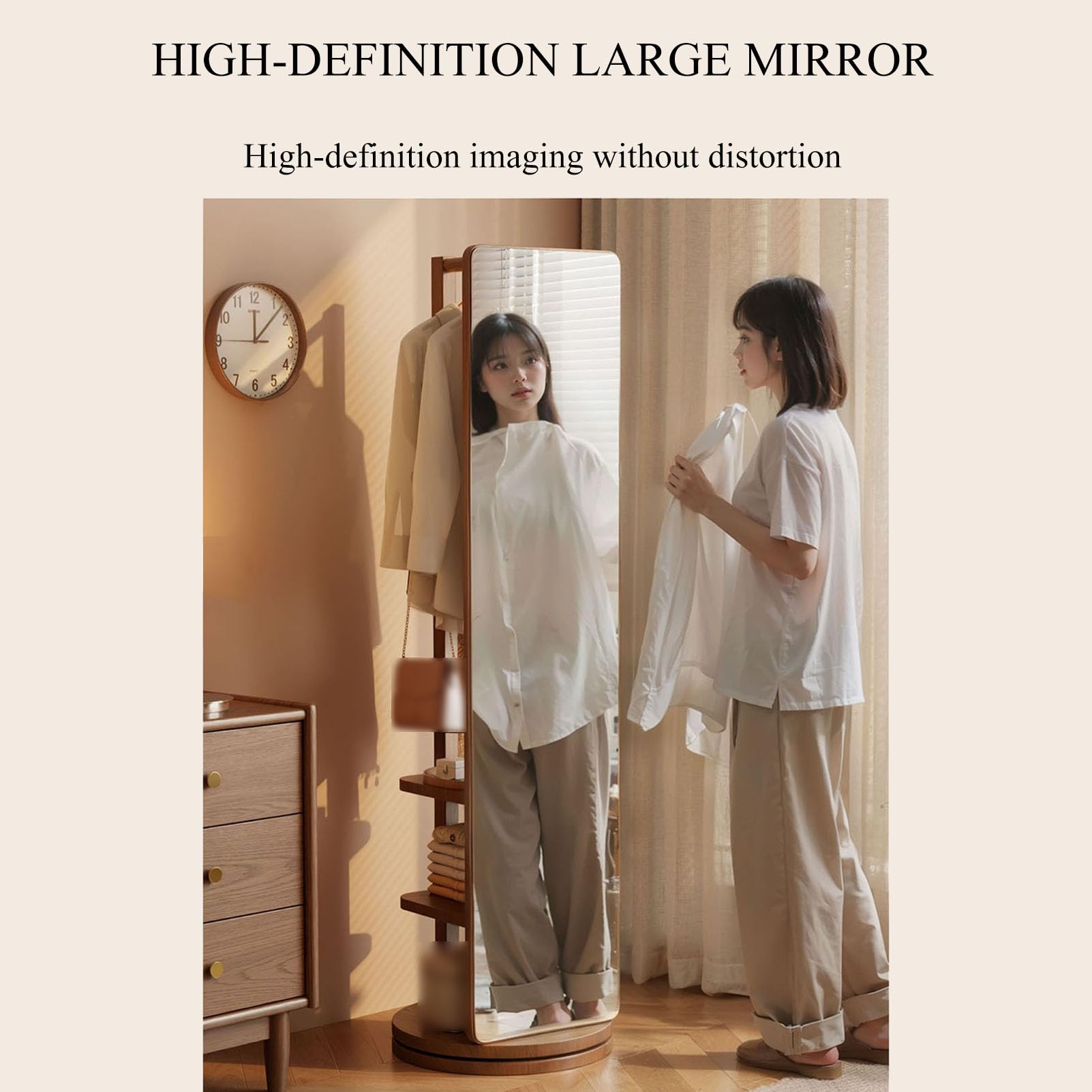 Girevole Full Body specchio appendiabiti ganci, Specchio a figura intera in legno massello rotante a 360° , 2-in-1 in piedi specchi con appendiabiti, per soggiorno Camera da letto Guardaroba