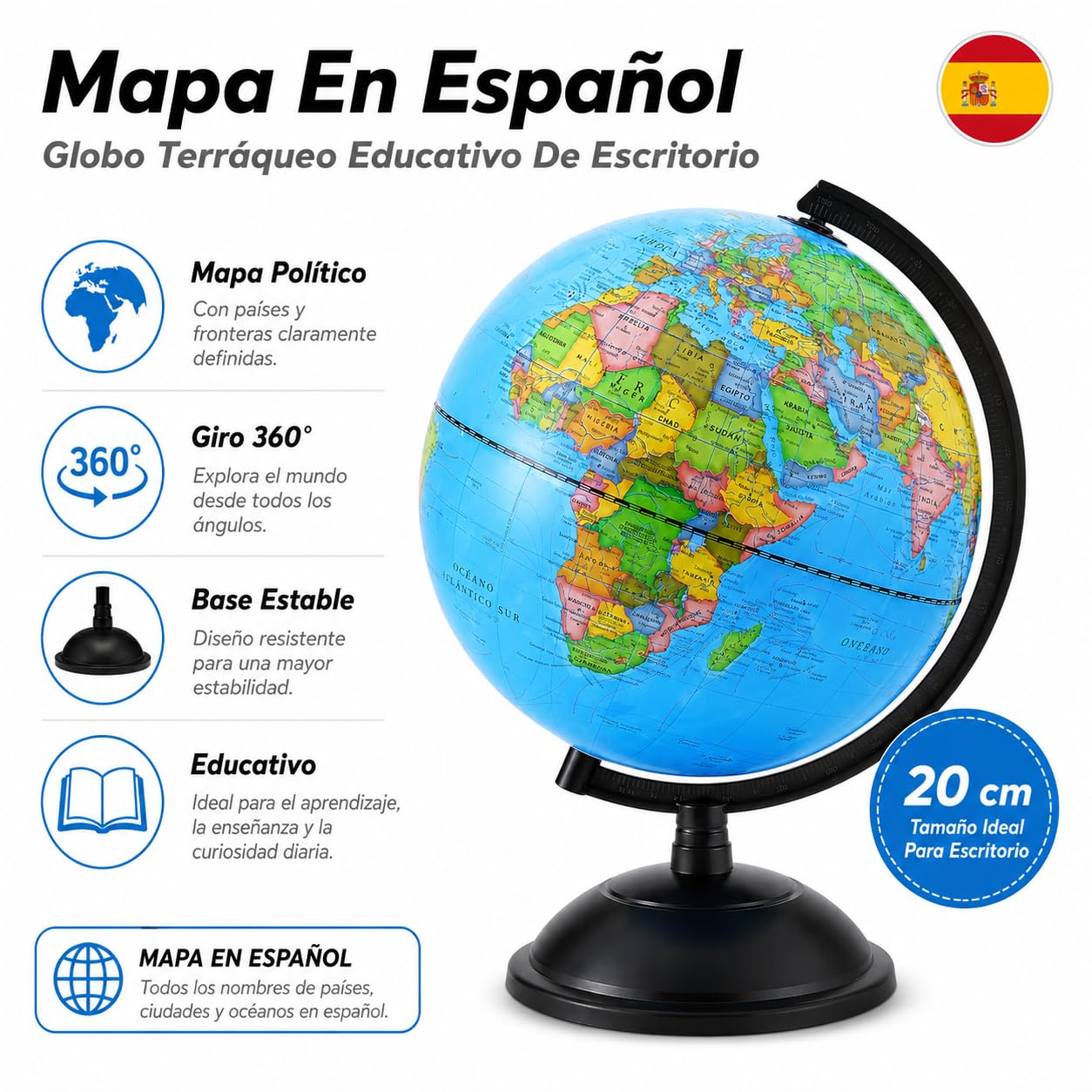 Exerz Globo Terráqueo 20 cm Mapa Español Base Negra Para Escritorio | Diseño giratorio con arco graduado lectura clara para escuela oficina habitación estudio y regalo educativo