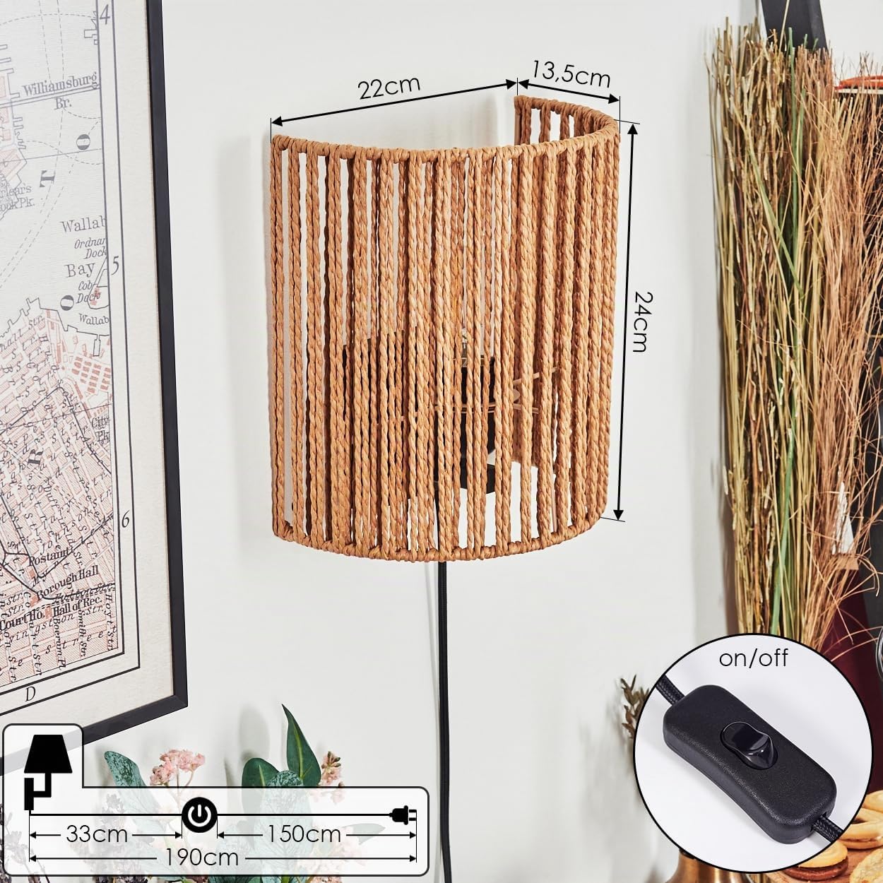 Wandleuchte Colmeal, Wandlampe aus Metall/Seil/Bast in Schwarz/Natur, Leuchte im Boho-Design, Wandleuchte mit Stecker und Schalter, abnehmbares Kabel, UP&Down Lichteffekt, 1x E27, ohne Leuchtmittel