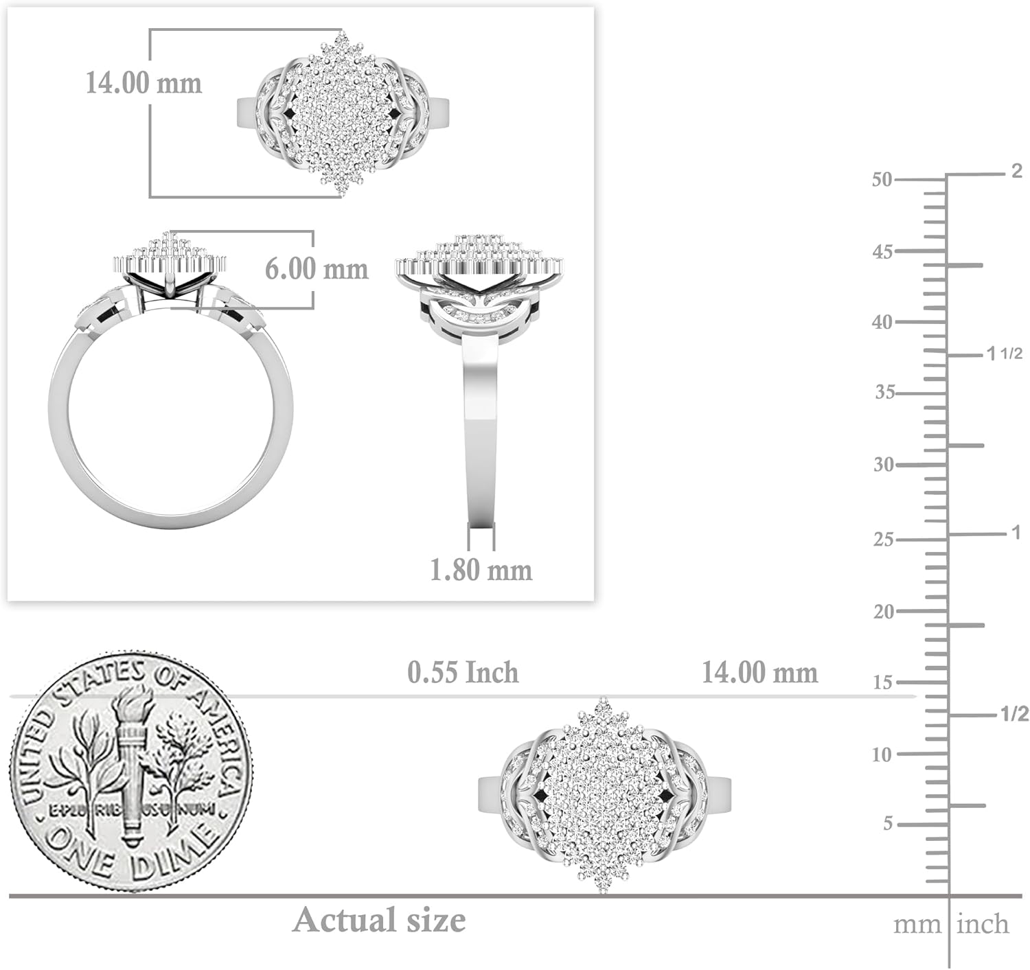 Dazzlingrock Collection 0.50 Ctw Round White Natural Diamond Cluster Right Hand Ring for Women in Real Solid Gold & 925 Sterling Silver