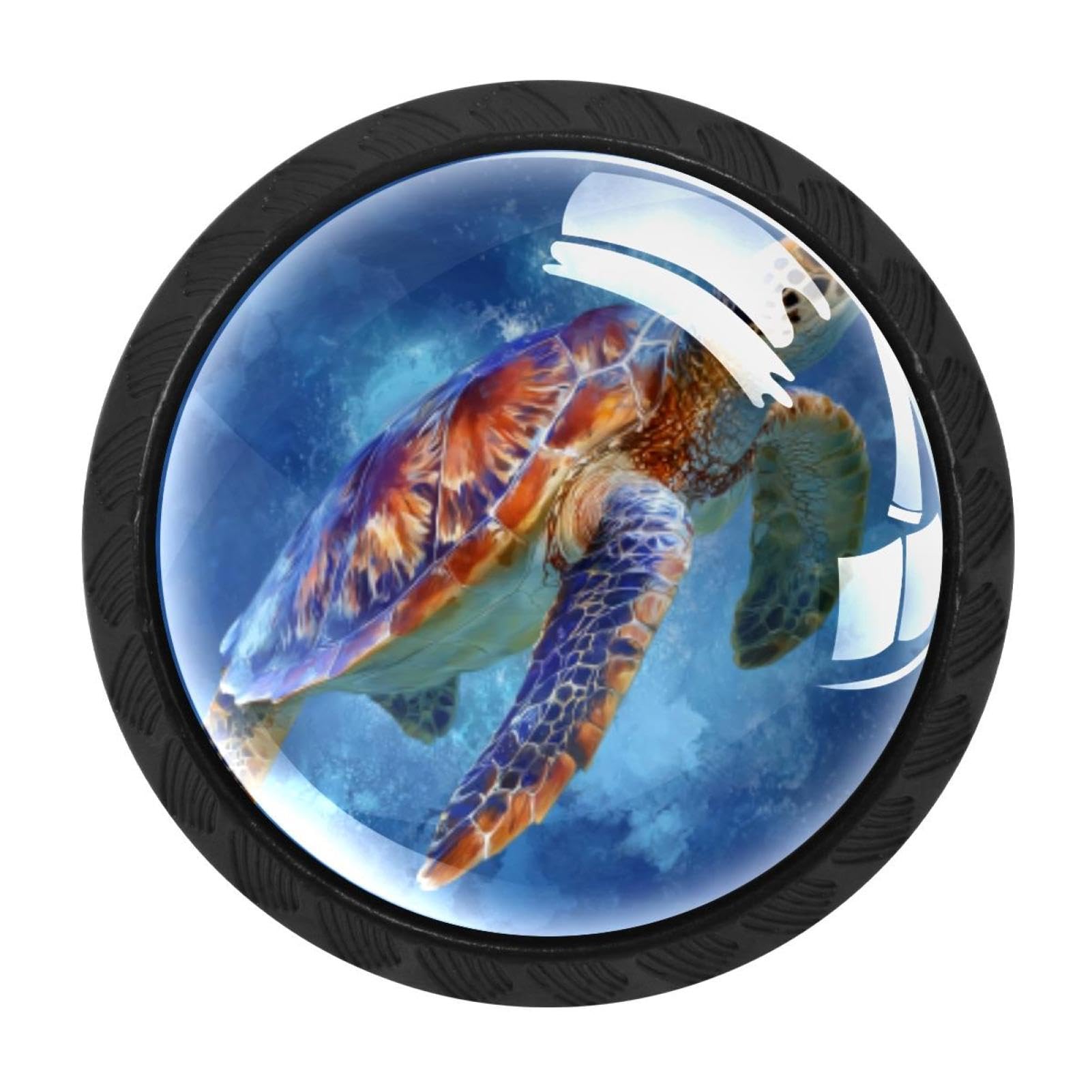 CHENZZZZ 4 Pack Sea Turtle Blue Background (6) Dresser Drawer Cabinet Knobs Black Round Drawer Knob Pull Handle with Screws for Kitchen Wardrobe Cupboard Furniture Decor