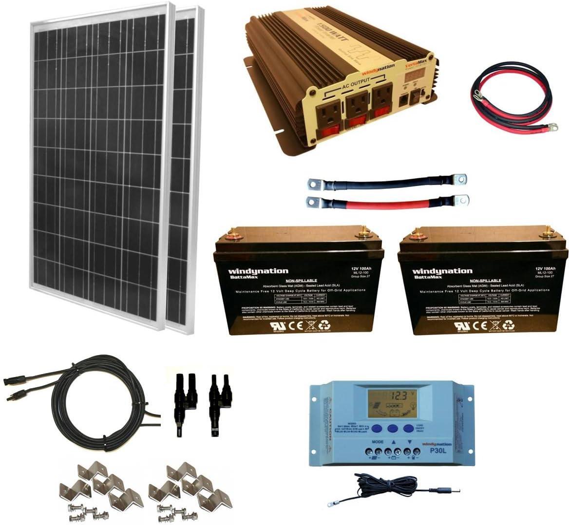 WindyNation 200 Watt (2pcs 100 Watt) Solar Panel Kit + 1500W Power Inverter + 200ah 12 Volt AGM Deep Cycle Battery Bank for RV, Boat, Off-Grid