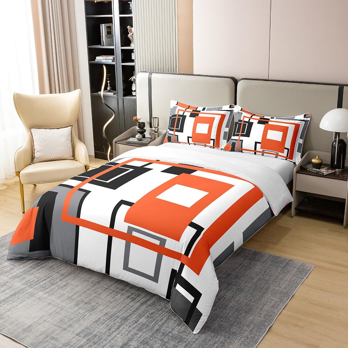 Homewish 100% Cotton Black White Grey Orange Comforter Cover Single Geometric Square Duvet Cover for Kids Adults Striped Bedding Set Modern Abstract Lines Grids Quilt Cover 1 Pillow Case Room Decor - Image 2