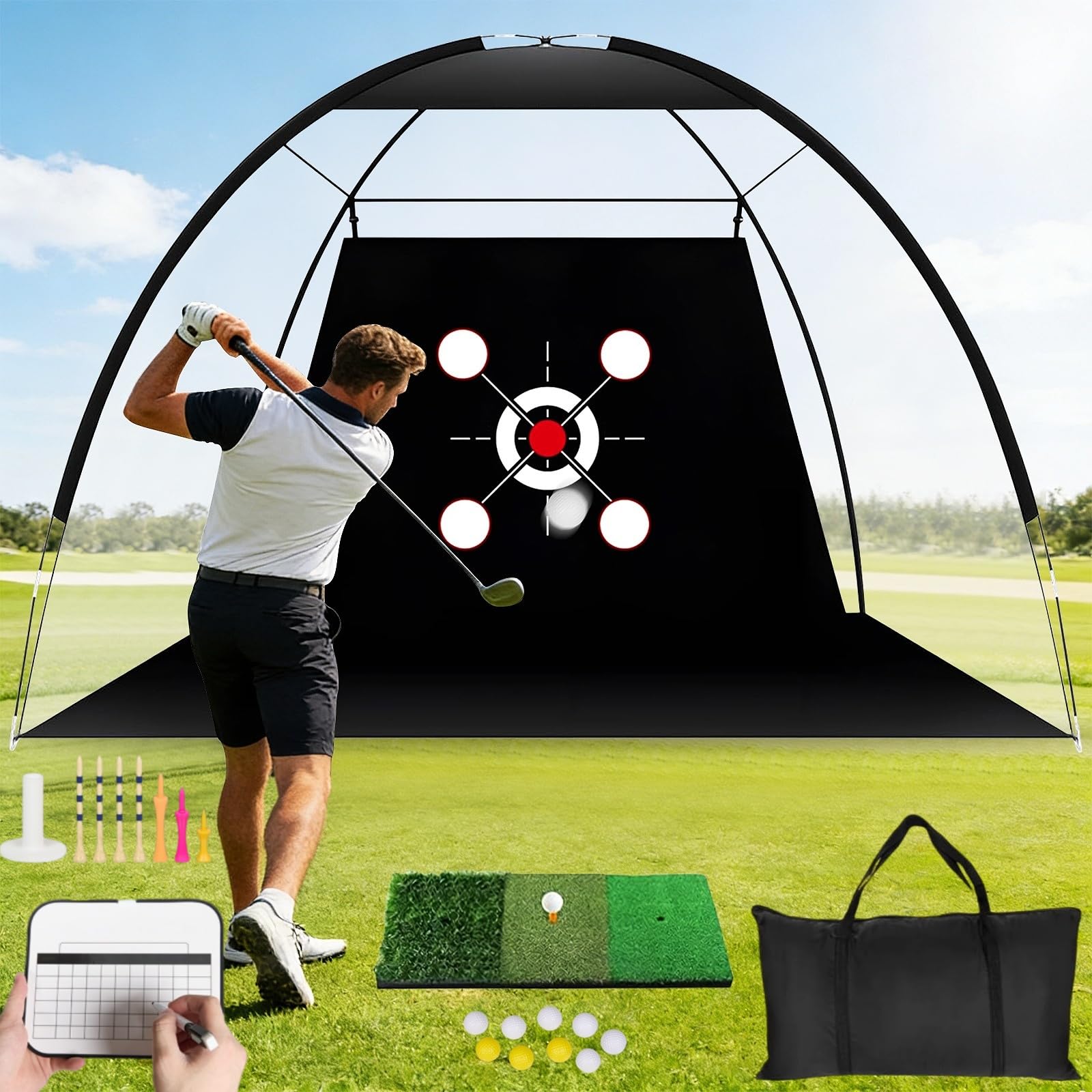 Golf Practice Net, 10x7ft Golf Hitting Net for Garden with 9 Balls,7 Tees,Scoreboard,Tri-Turf Mat & Carry Bag, Golf Nets for Garden & Backyard Training Net for Garden, Indoor & Outdoor Use
