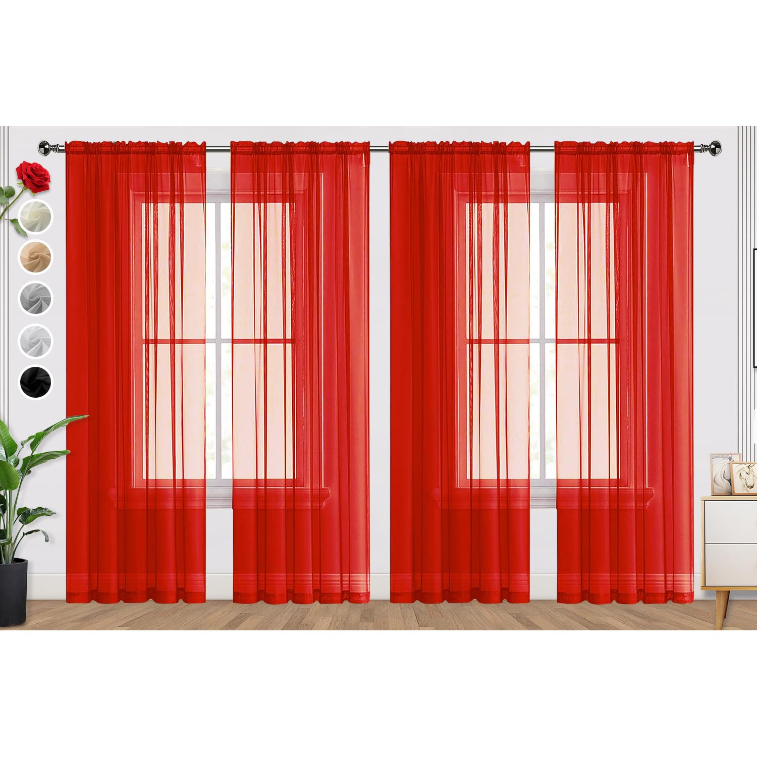 SpaceDresser Sheer Red Curtains 4 Panels Rod Pocket Semi-Sheer Curtain 72 Inches Long Light Filtering Voile Window Drapes for Bedroom Living Room
