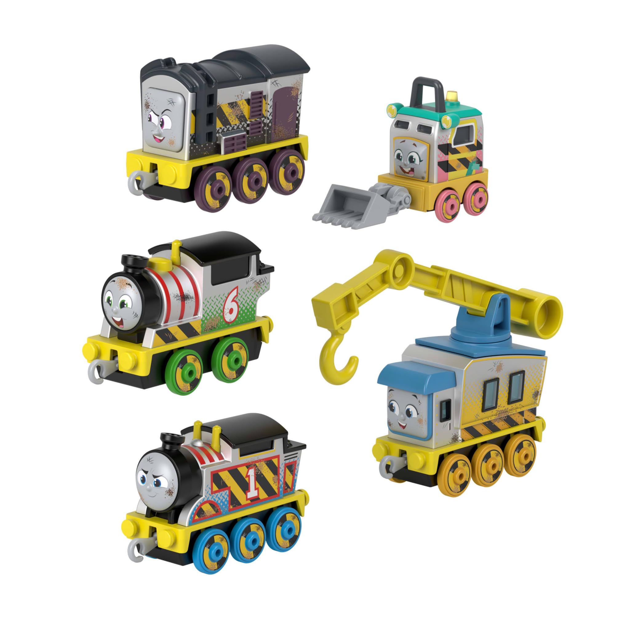 Thomas y sus Amigos Conjunto de vehículos Equipo de construcción, cinco locomotoras metálicas de juguete para empujar para niños y niñas de preescolar a partir de 3 años, JBW26