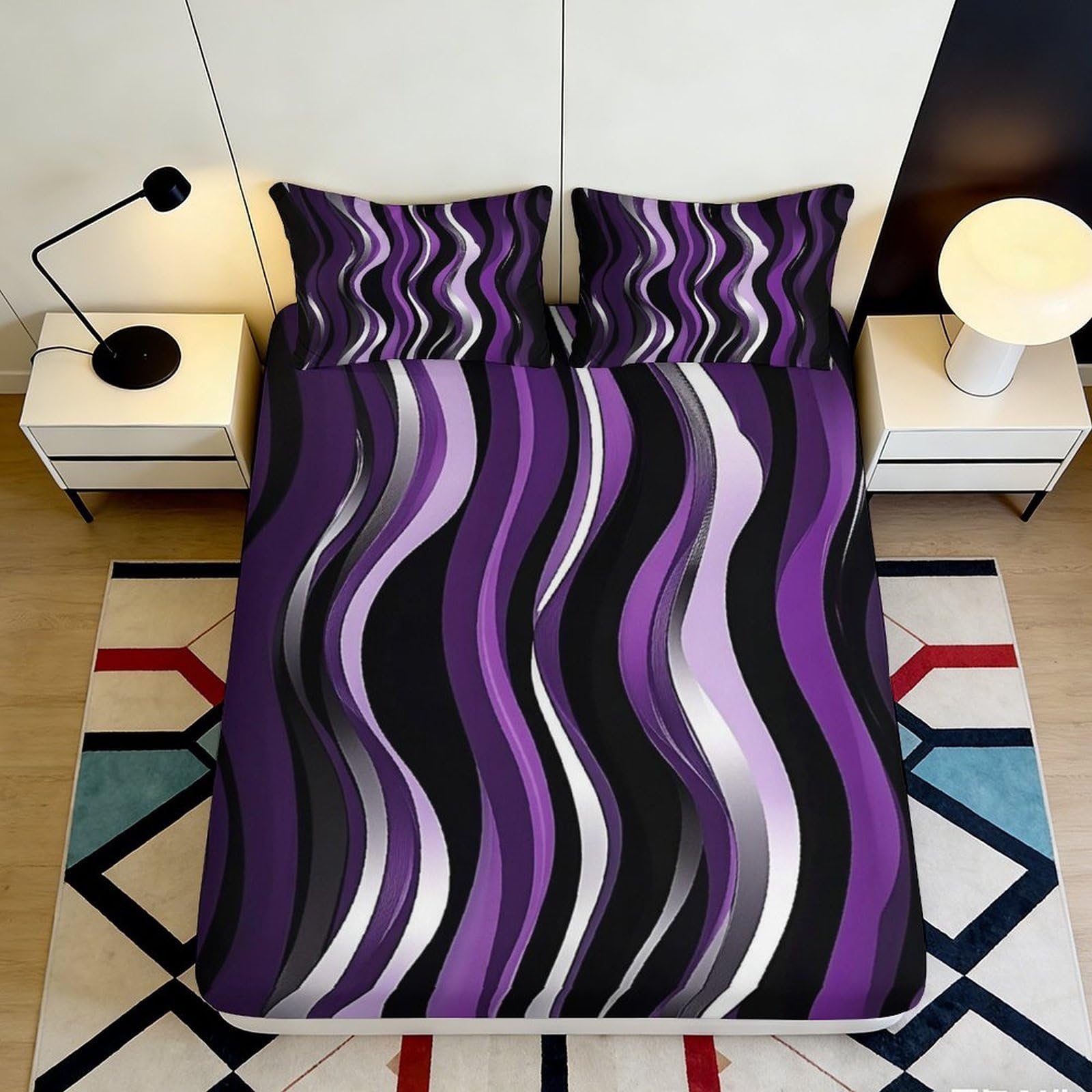 Pnayamiorkfel Style-4 3D Printed Purple Wave Fitted Sheet Microfiber Soft Decor Black White Swirl Mattress Cover Bedroom Dorm 90X200x25cm