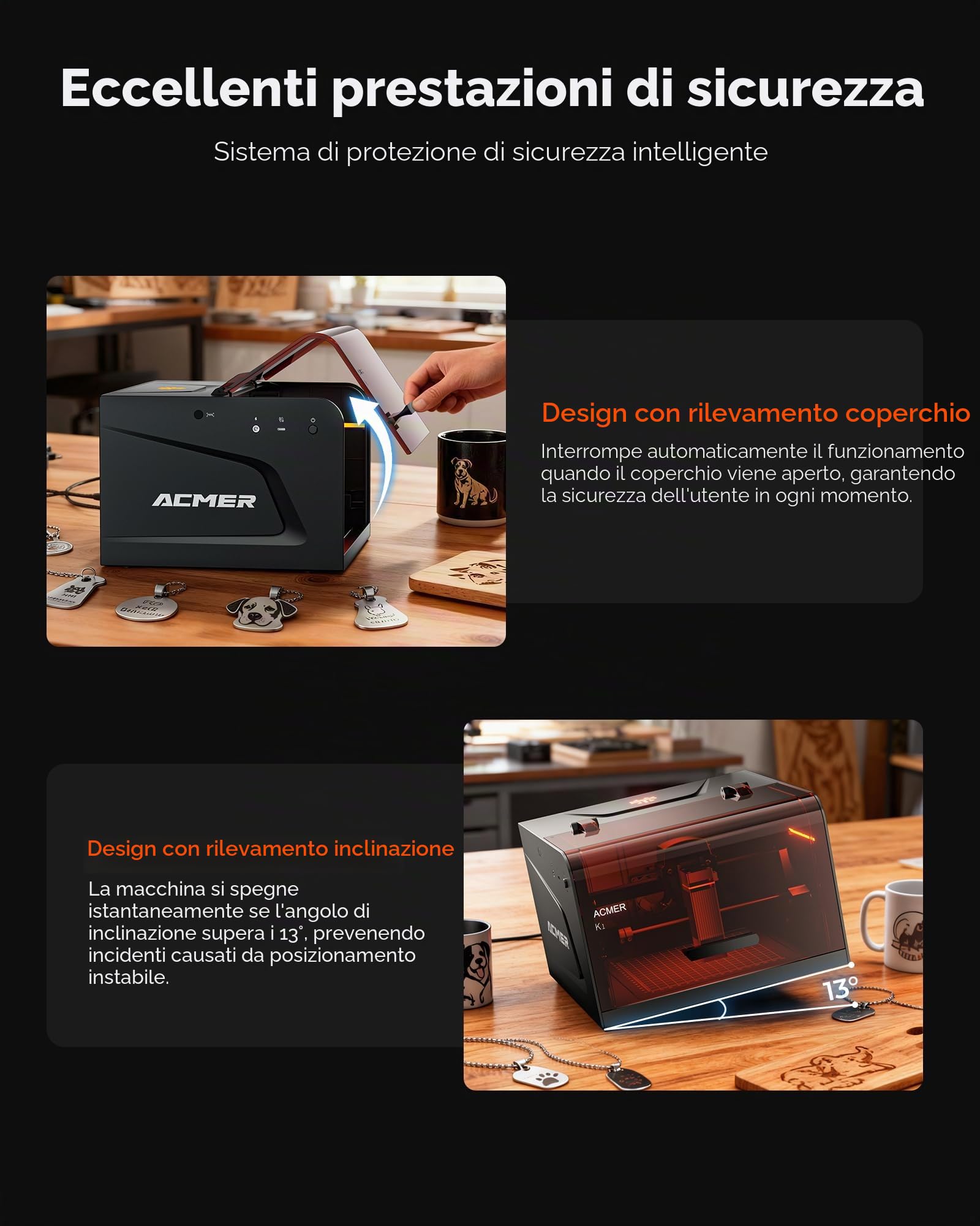ACMER K1 Macchina per incidere laser 7000 mW, Classe 1, piccolo incisore laser chiuso di sicurezza, superficie di incisione 150 x 150 mm, precisione 0,01 mm, taglio laser ad alta precisione per legno