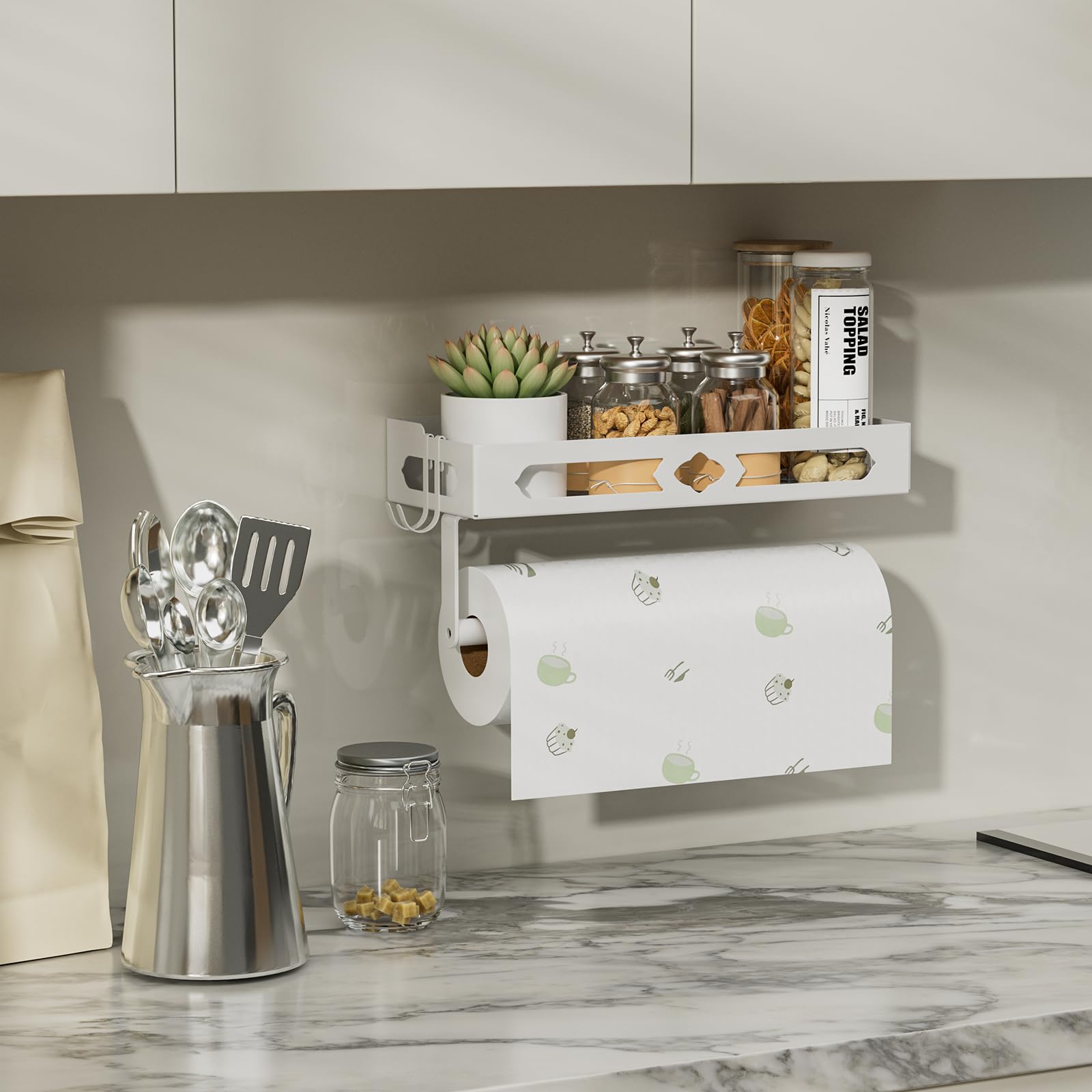 ZDDLOINP Spice Rack with Paper Towel Holder Roll and Hooks, Wall Mounted Spice Rack - Image 4