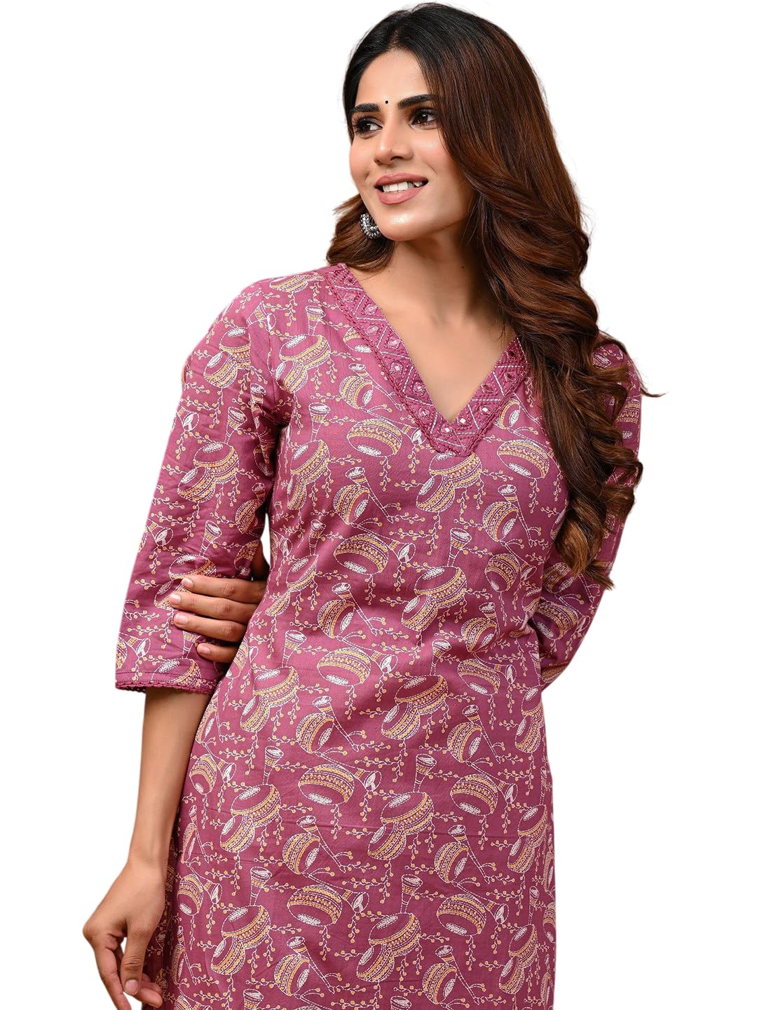 Women’s Cotton Printed Kurta with Embroidered V-Neck Detail | Straight Fit Ethnic Wear for Casual, Office & Daily Use-image-11